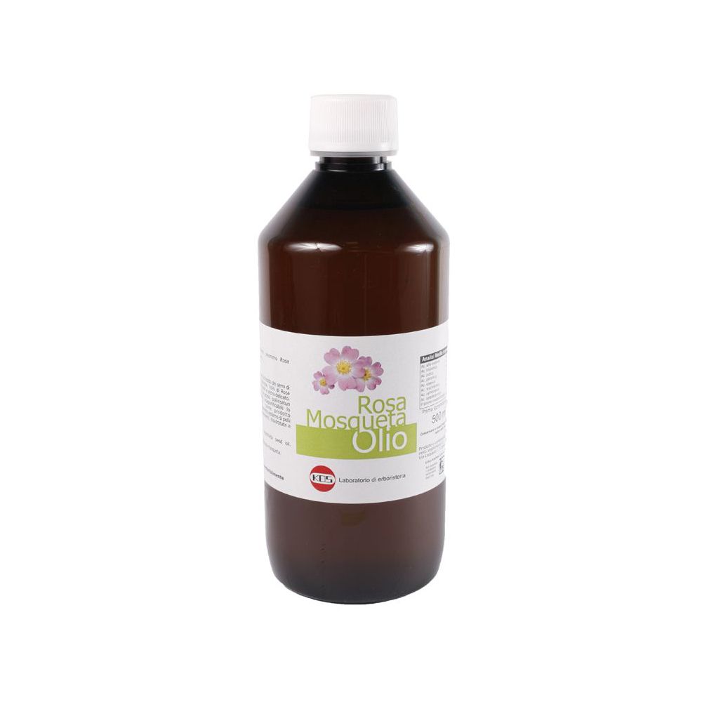 Flacone marrone con tappo bianco. Etichetta con nome del prodotto: Rosa Mosqueta Olio.