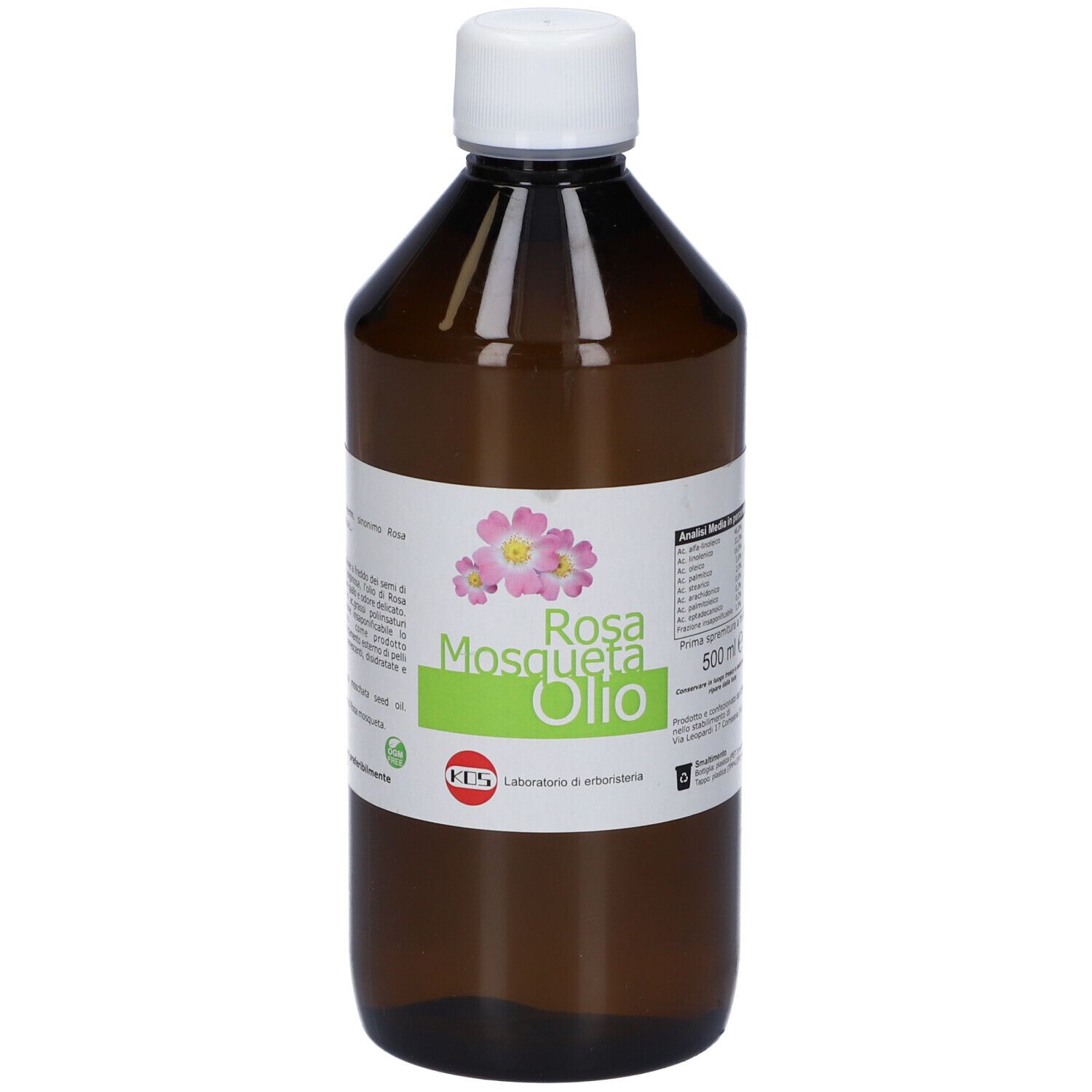 Flacone marrone con tappo bianco. Etichetta con nome del prodotto: Rosa Mosqueta Olio.