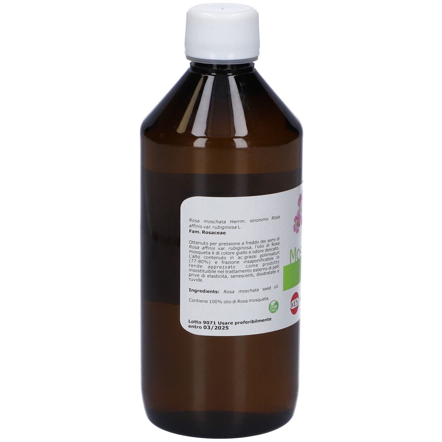 Flacone marrone con tappo bianco. Etichetta con nome del prodotto: Rosa Mosqueta Olio.