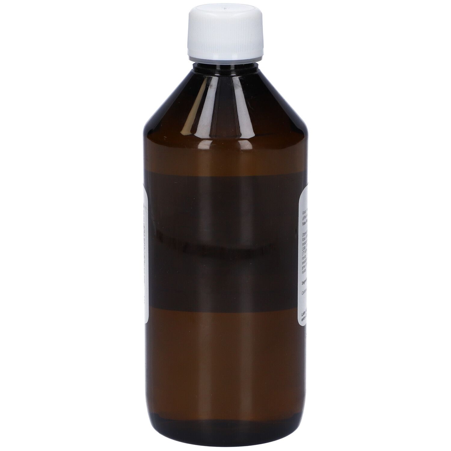 Flacone marrone con tappo bianco. Etichetta con nome del prodotto: Rosa Mosqueta Olio.