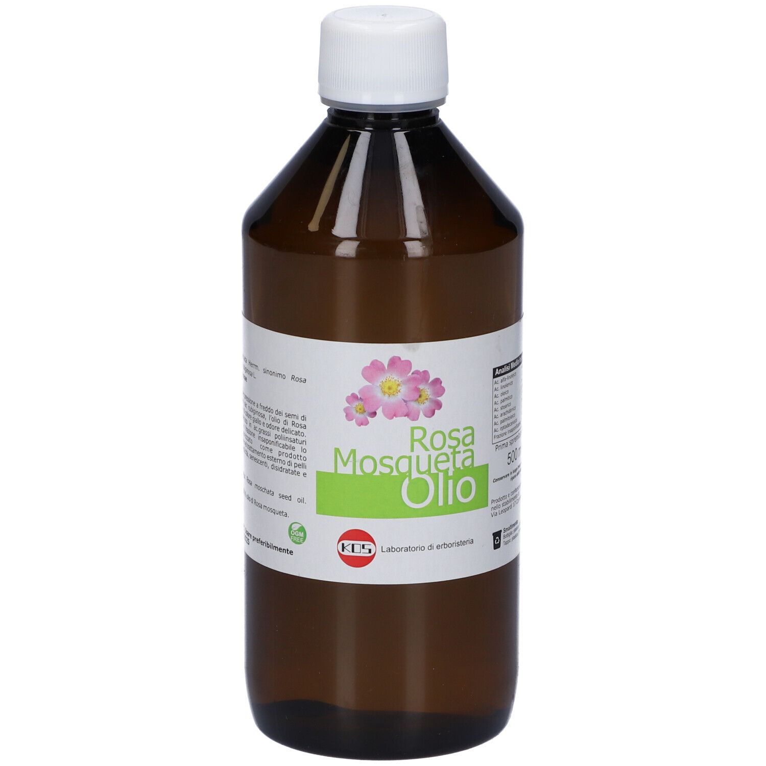 Flacone marrone con tappo bianco. Etichetta con nome del prodotto: Rosa Mosqueta Olio.
