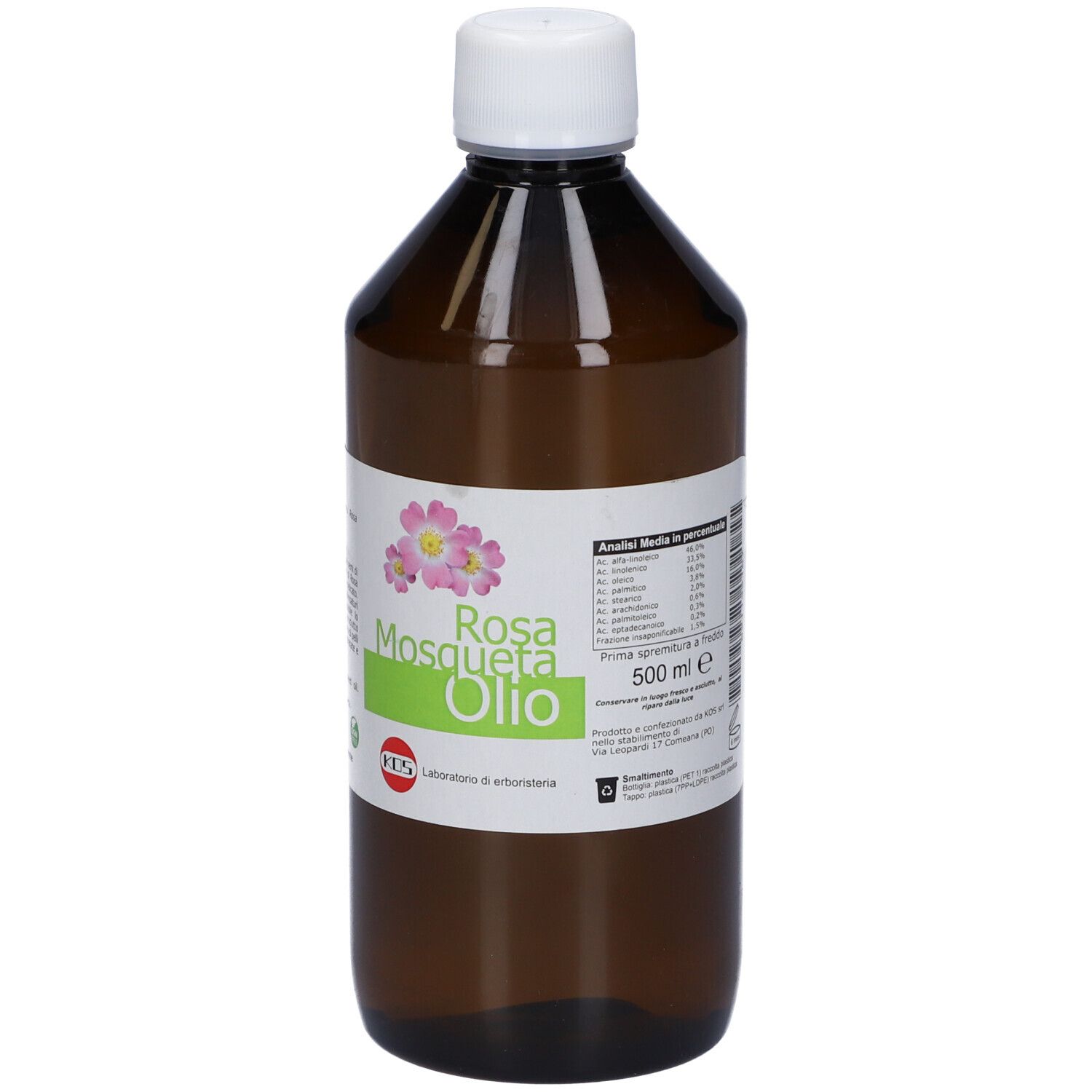 Flacone marrone con tappo bianco. Etichetta con nome del prodotto: Rosa Mosqueta Olio.