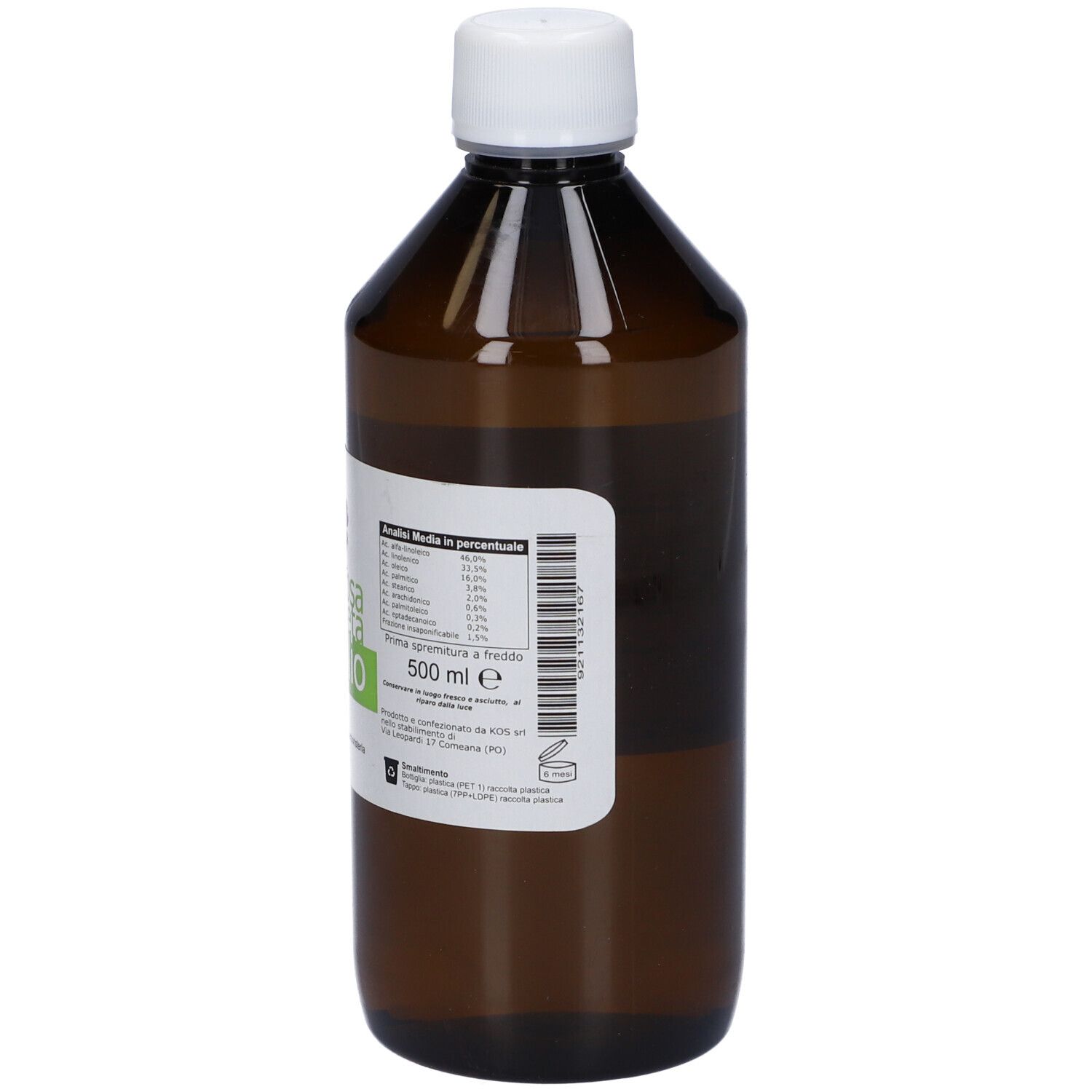 Flacone marrone con tappo bianco. Etichetta con nome del prodotto: Rosa Mosqueta Olio.