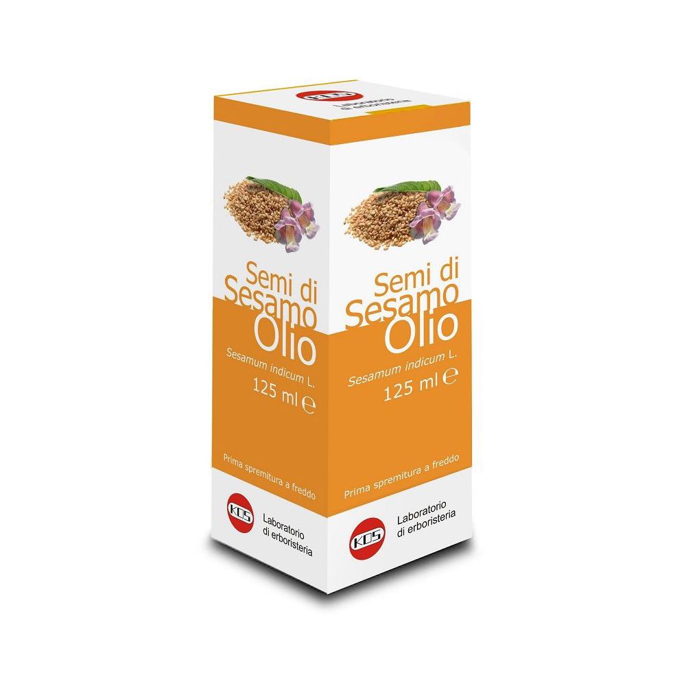 Scatola di olio di sesamo. Arancione e bianco. Testo: Semi di Sesamo Olio, 125 ml. Logo KOS.
