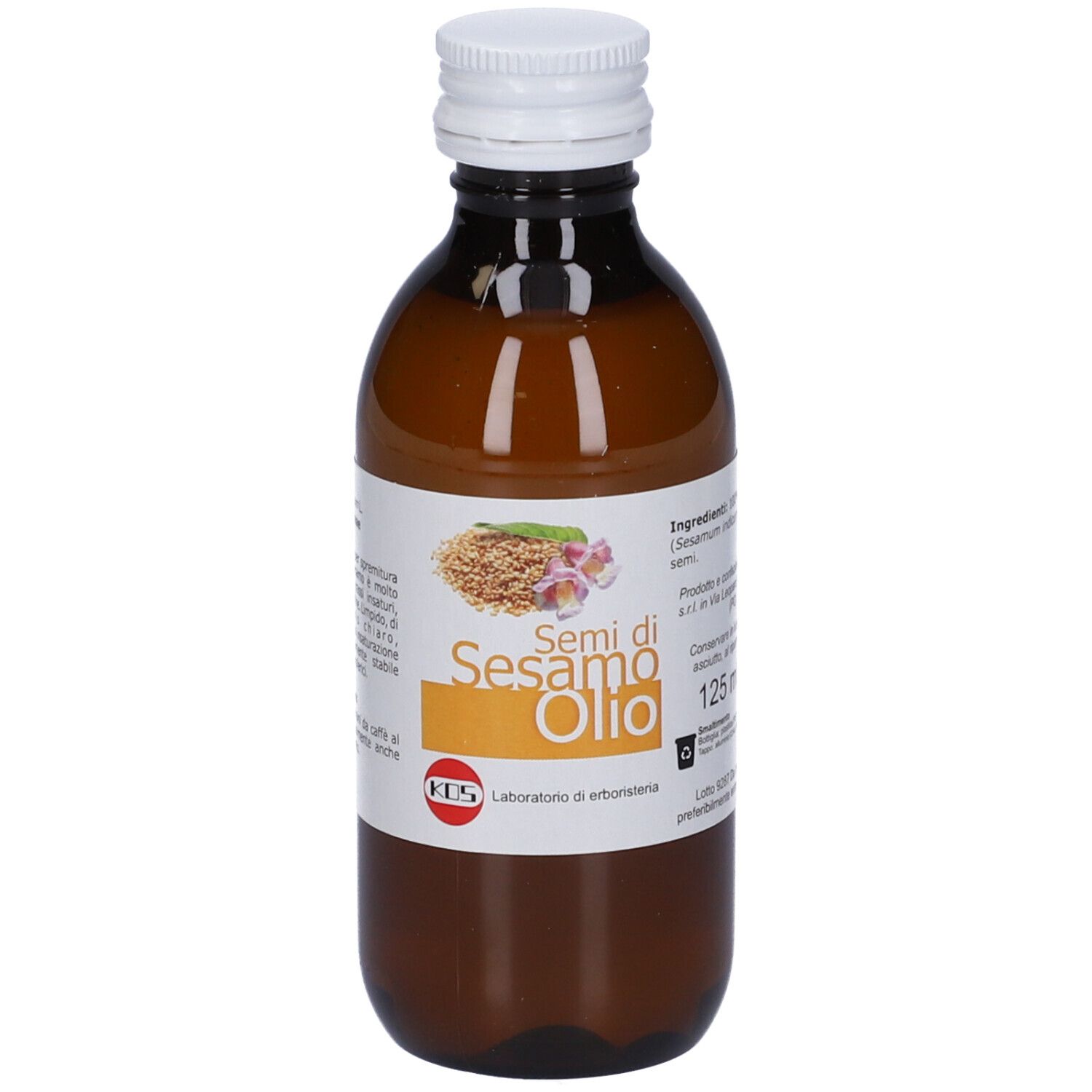 Bottiglia di vetro marrone con olio di sesamo. Tappo bianco. Etichetta: Semi di Sesamo Olio, 125 ml. Logo KOS.