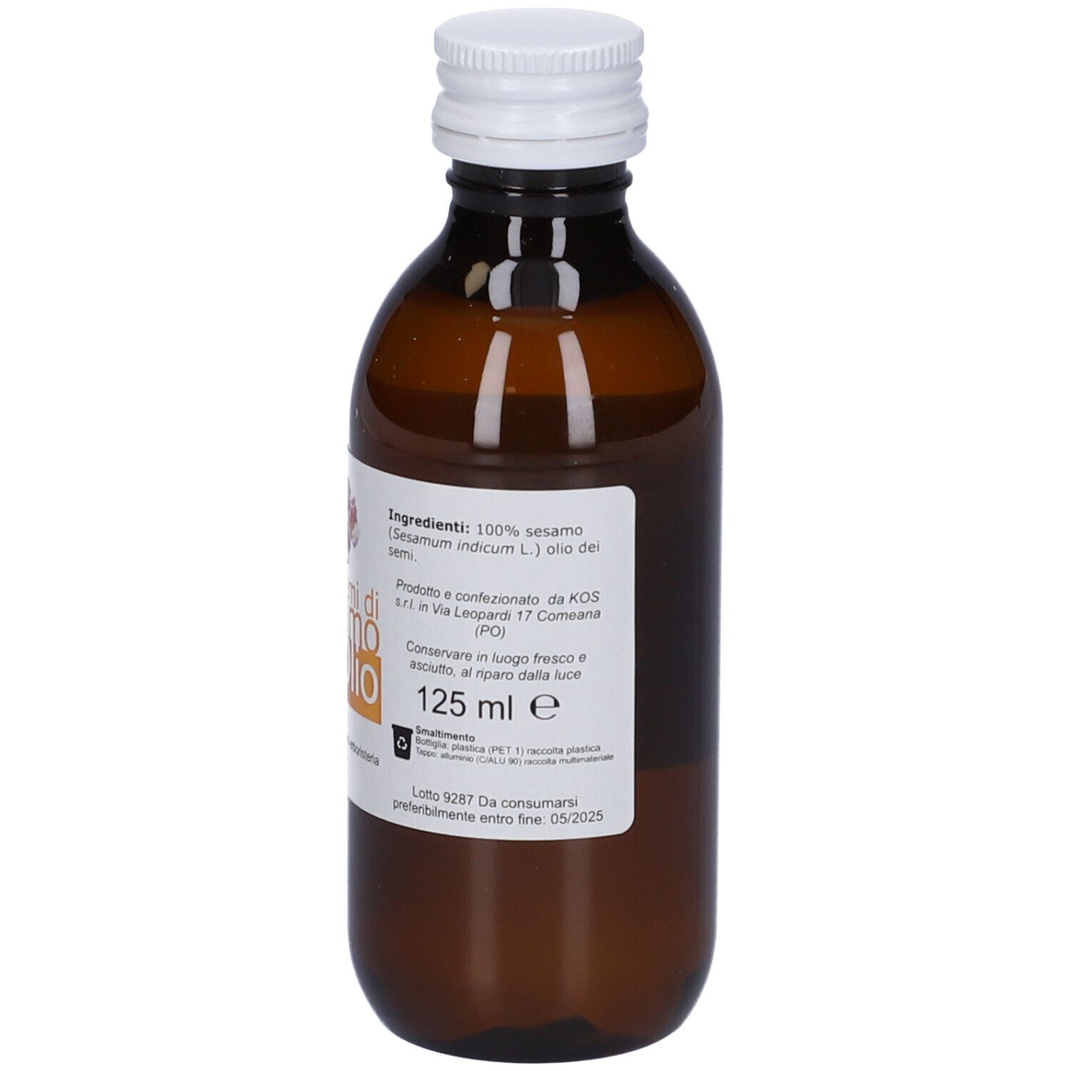 Bottiglia di vetro marrone con olio di sesamo. Tappo bianco. Etichetta: 100% olio di sesamo, 125 ml. Logo KOS.