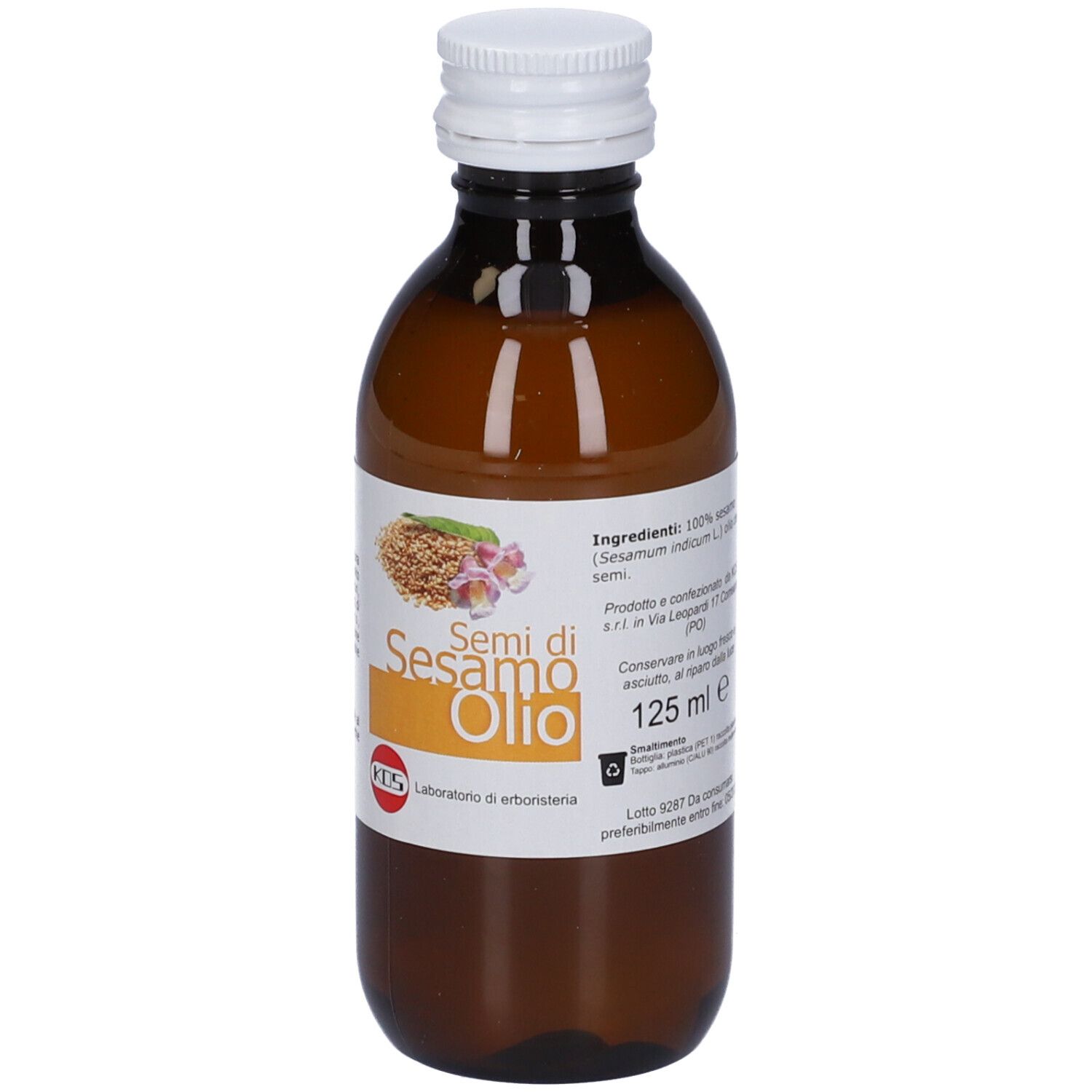 Bottiglia di vetro marrone con olio di sesamo. Tappo bianco. Etichetta: Semi di Sesamo Olio, 125 ml. Logo KOS.