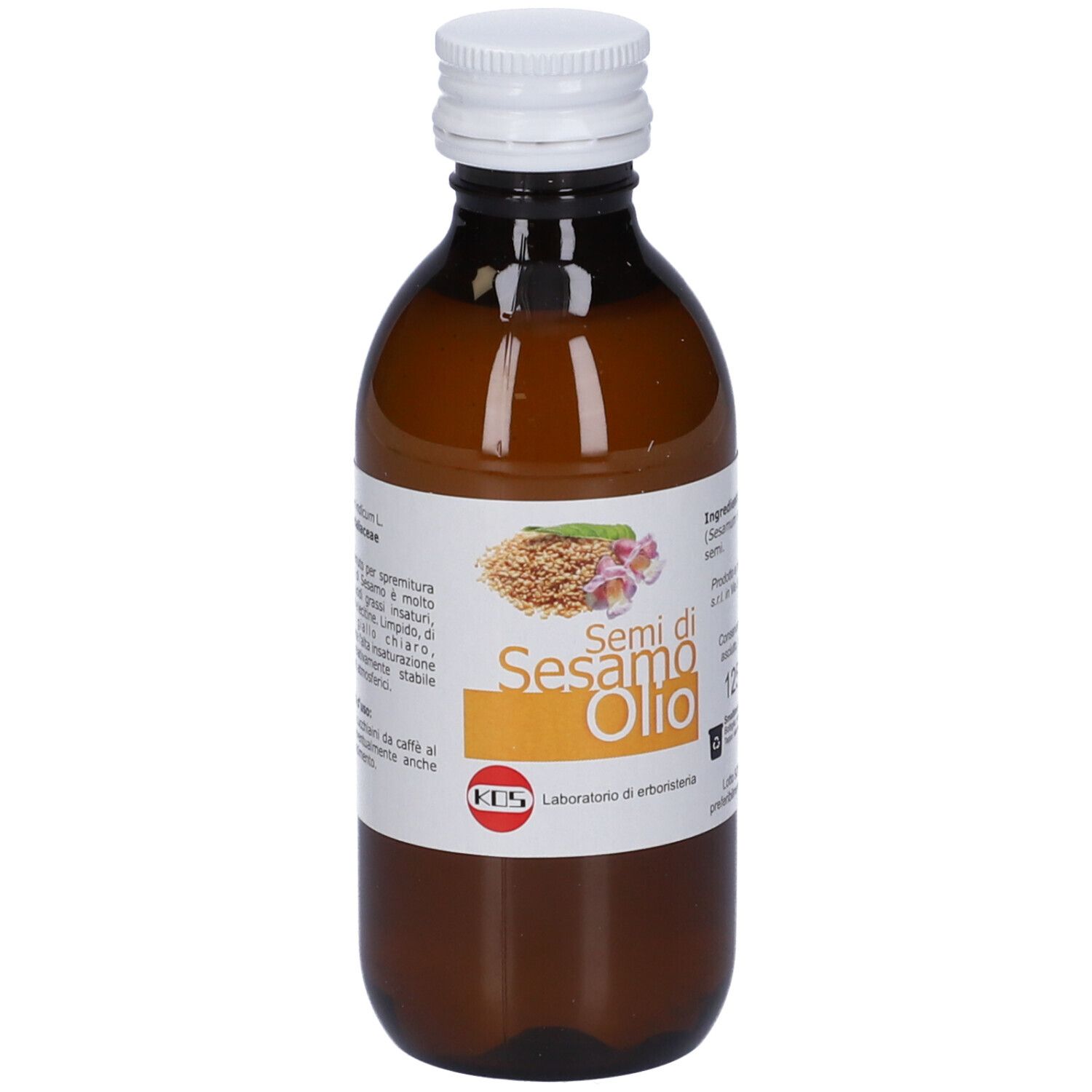 Bottiglia di vetro marrone con olio di sesamo. Tappo bianco. Etichetta: Semi di Sesamo Olio, 125 ml. Logo KOS.