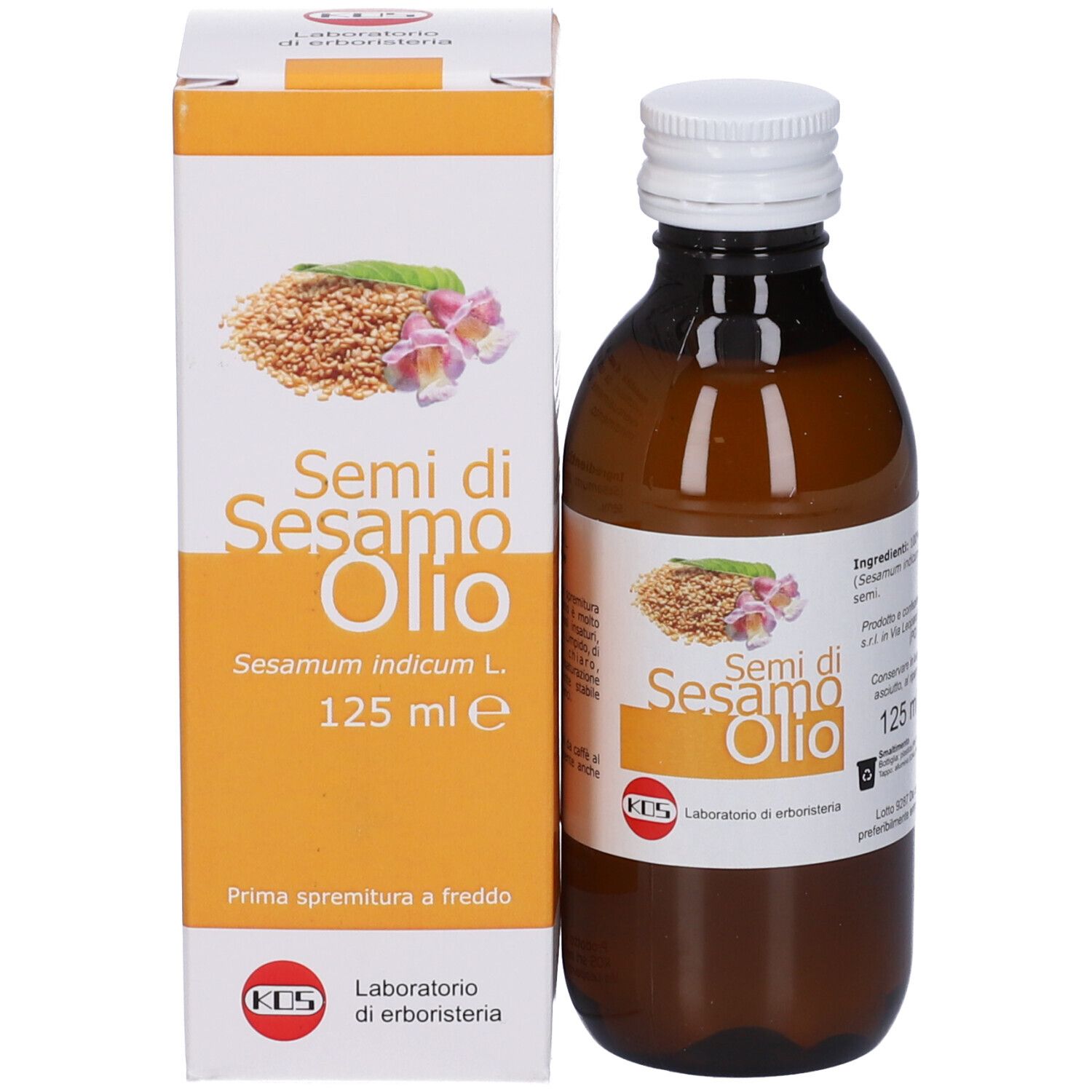 Bottiglia e scatola di olio di sesamo. Bottiglia: Semi di Sesamo Olio, 125 ml. Logo KOS.