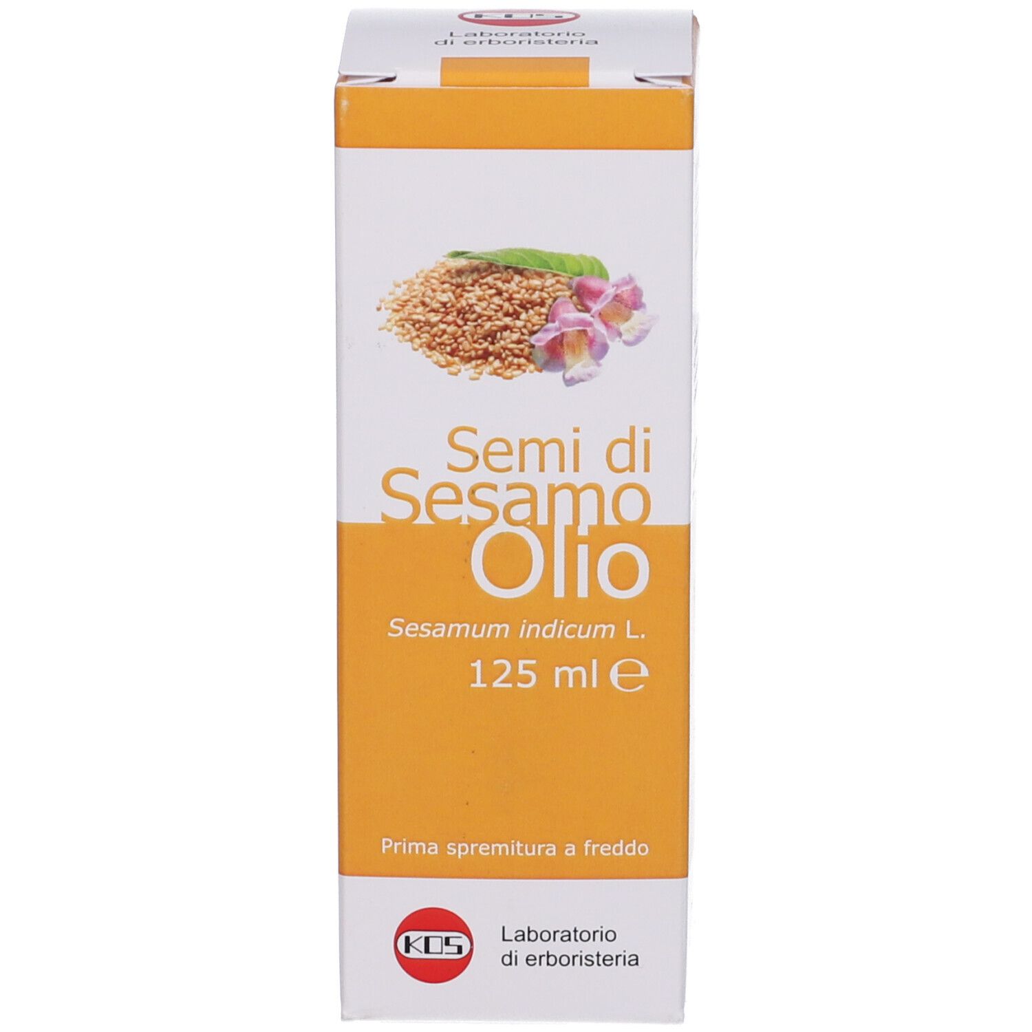 Scatola di olio di sesamo. Testo: Semi di Sesamo Olio, 125 ml. Logo KOS.