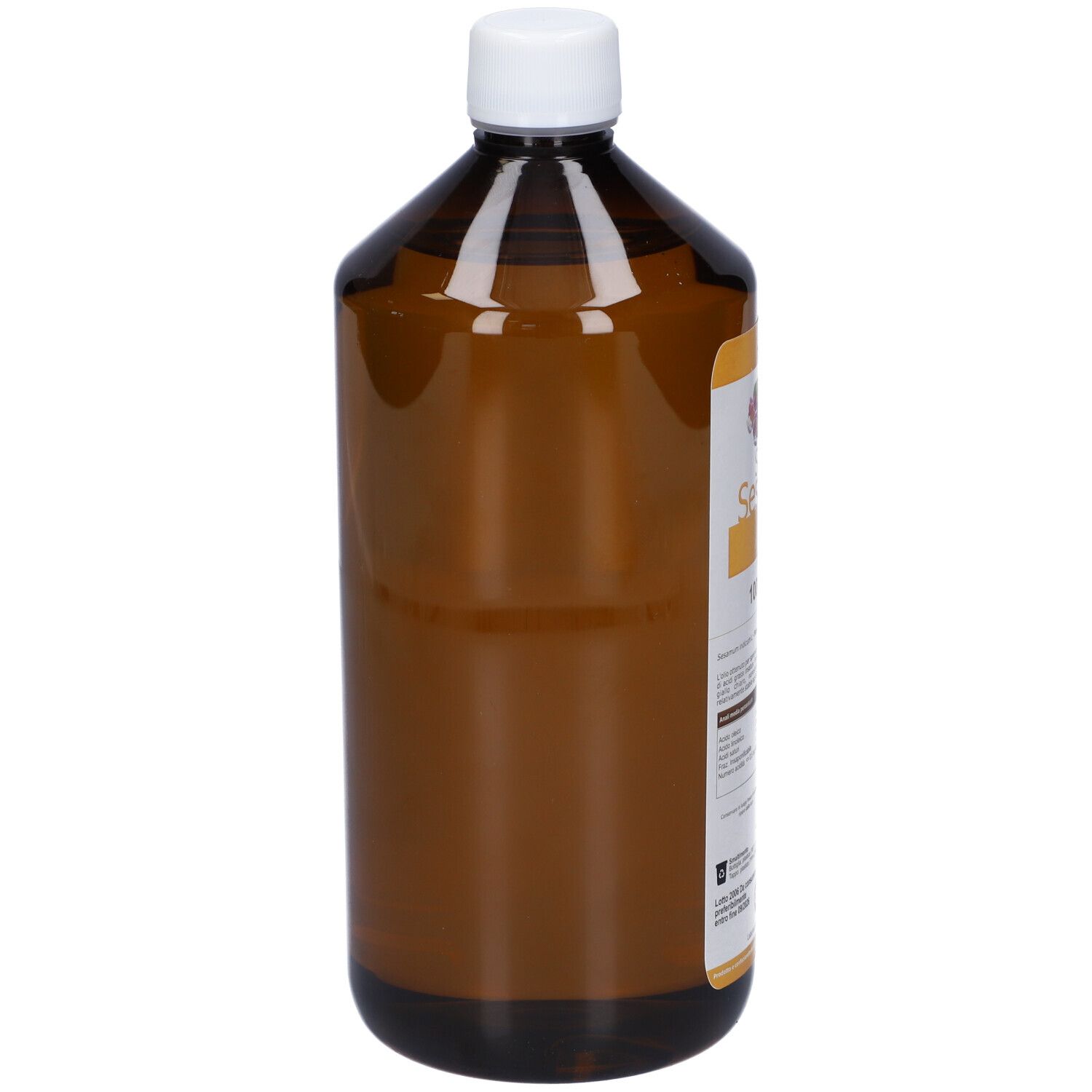 Bottiglia marrone con tappo bianco. Etichetta con informazioni sul prodotto. Sesamo Olio.