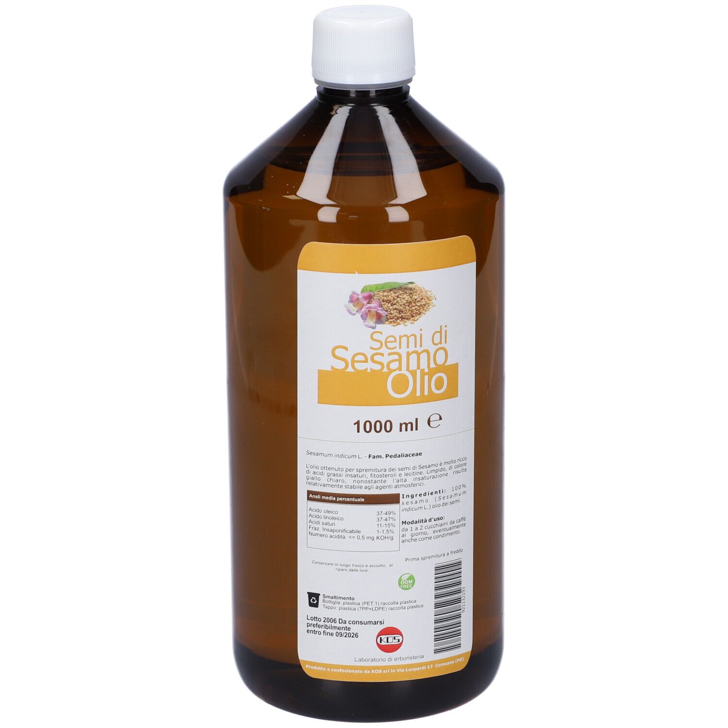 Bottiglia marrone con tappo bianco. Etichetta Sesamo Olio. Informazioni sul prodotto.