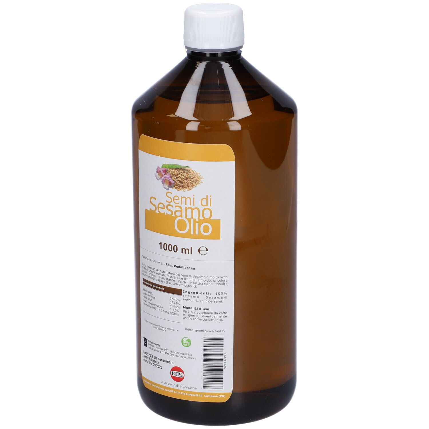 Bottiglia marrone con tappo bianco. Etichetta Sesamo Olio. Informazioni sul prodotto.