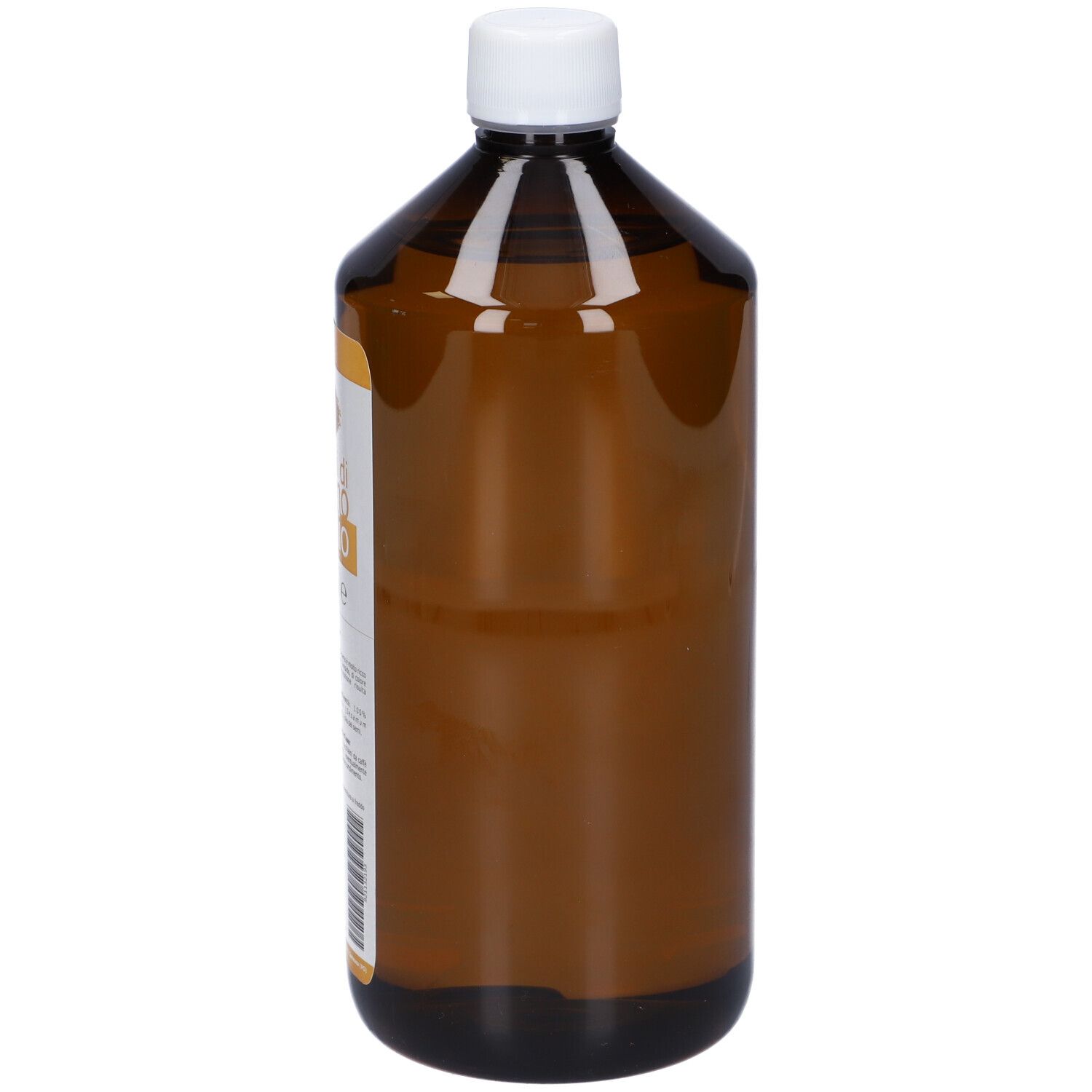 Bottiglia marrone con tappo bianco. Etichetta Sesamo Olio. Informazioni sul prodotto.