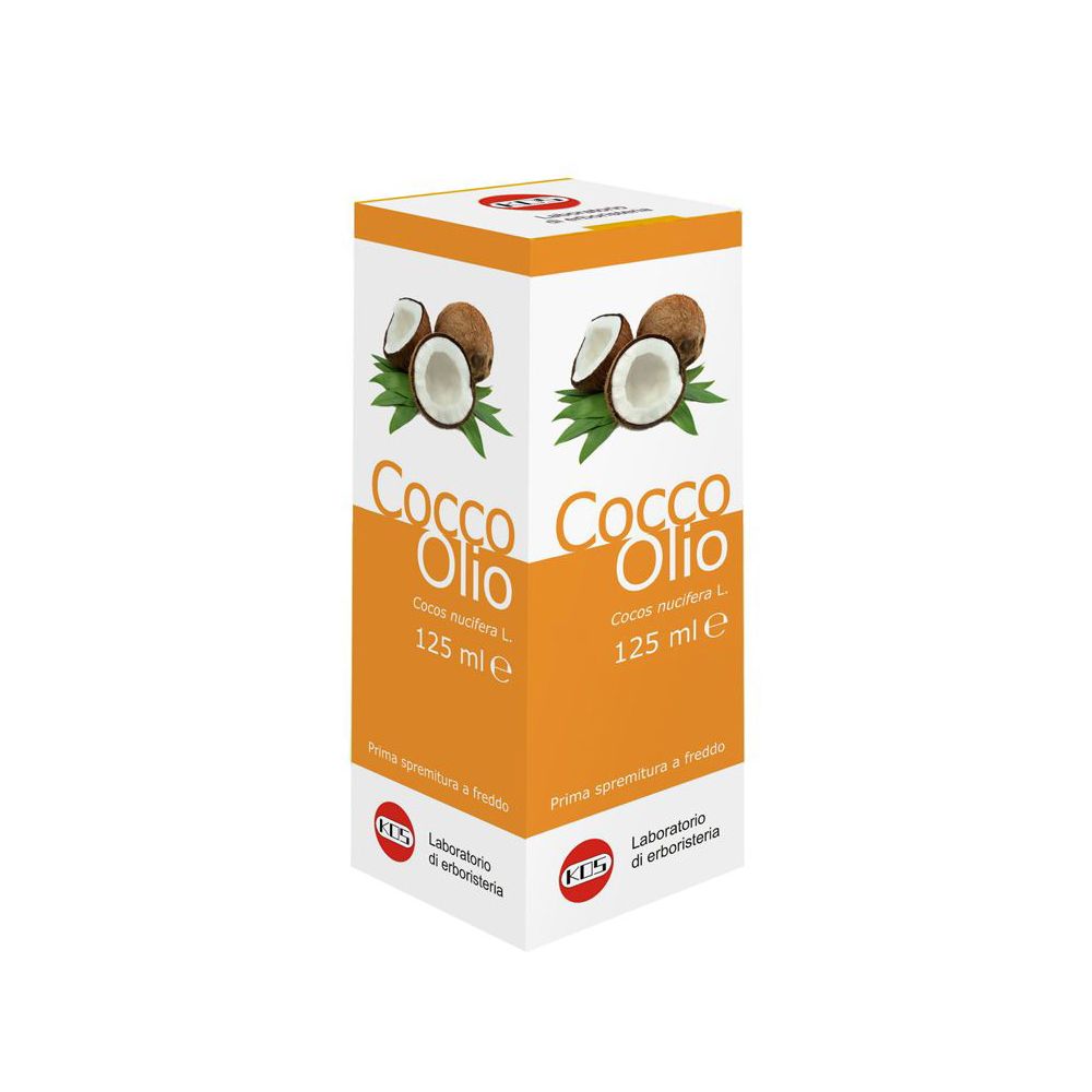 Confezione KOS Olio di Cocco. Scatola arancione e bianca con illustrazioni di cocco. Testo: Cocco Olio, 125 ml e.