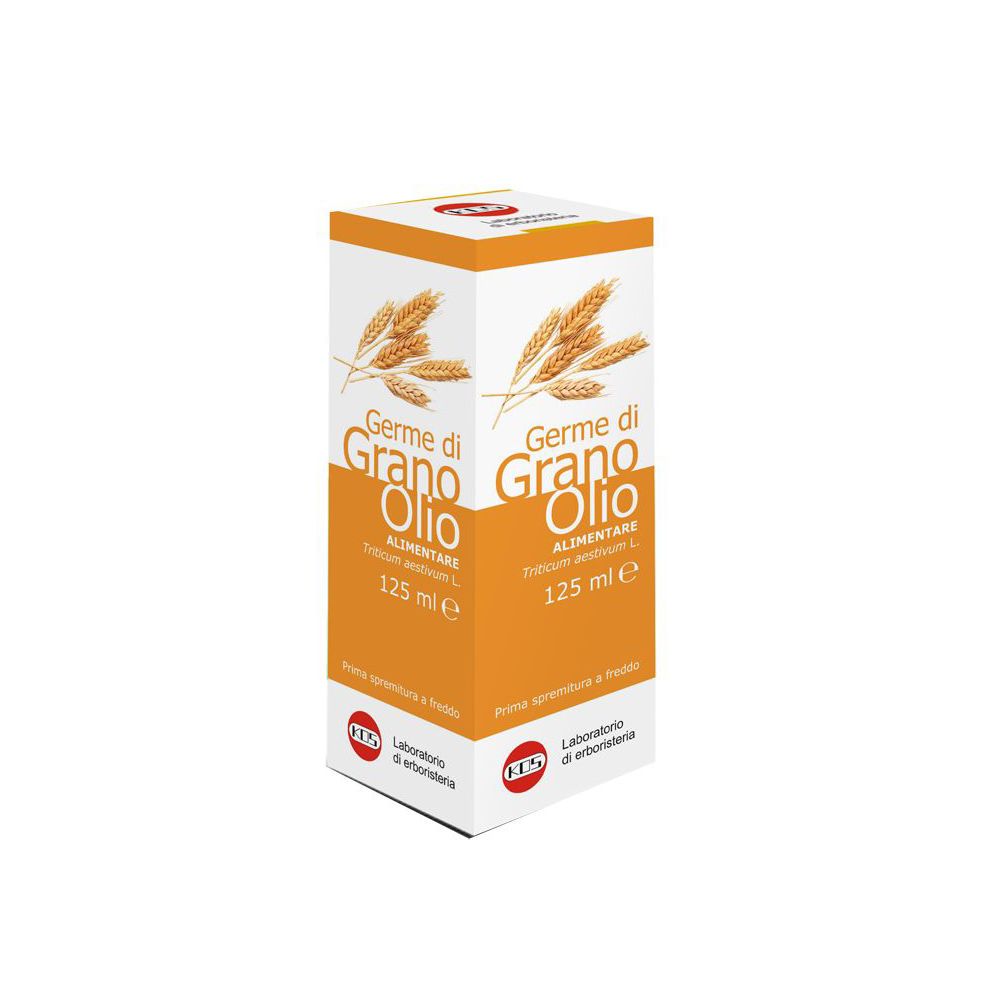 Scatola con stampa del prodotto. Scritto: Germe di Grano Olio Alimentare. 125 ml. Logo KOS.