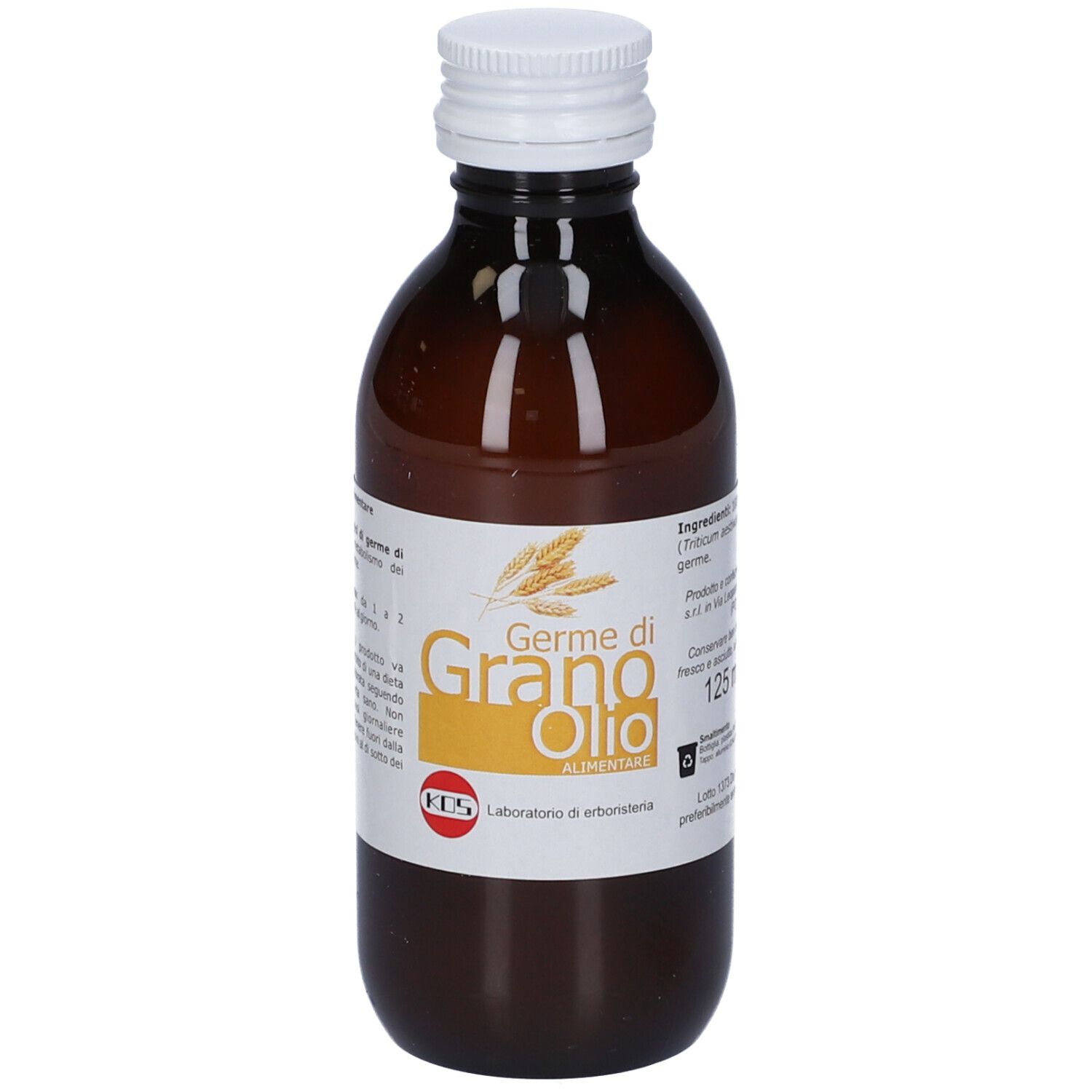 Bottiglia di vetro marrone con tappo bianco. Scritto: Germe di Grano Olio Alimentare. 125 ml. Logo KOS.