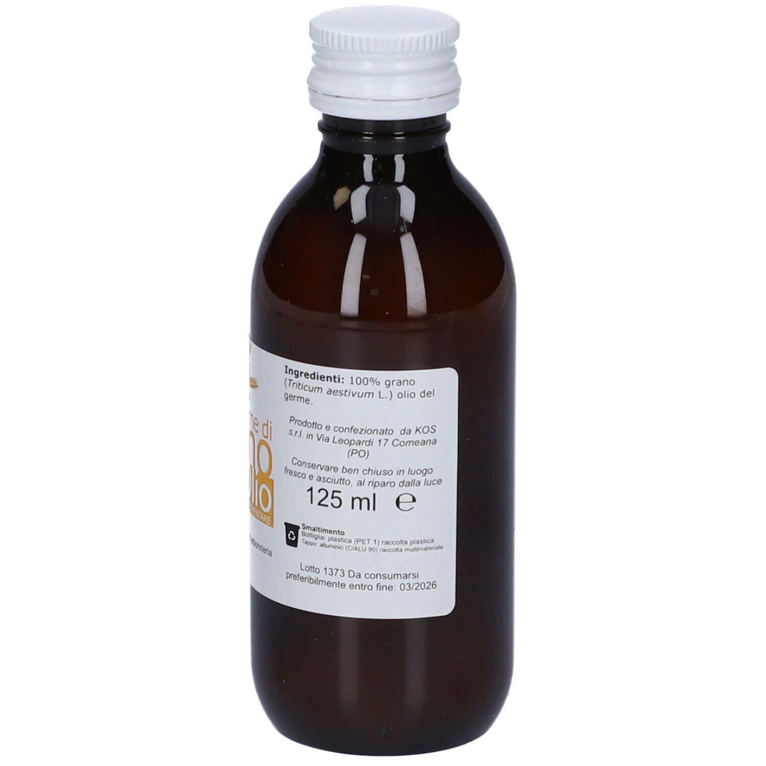 Bottiglia di vetro marrone con tappo bianco. Etichetta con informazioni sul prodotto. 125 ml. Logo KOS.