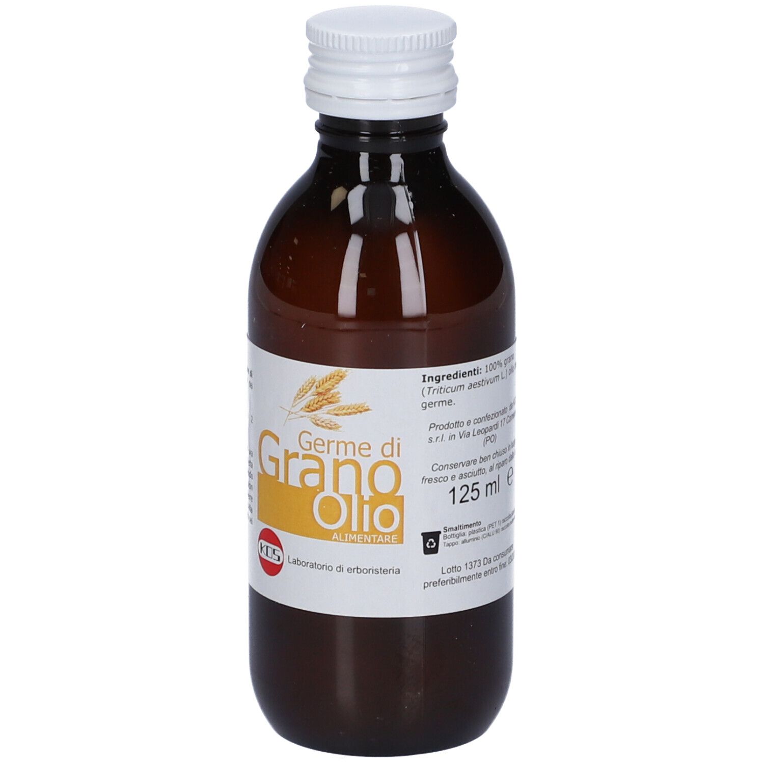 Bottiglia di vetro marrone con tappo bianco. Scritto: Germe di Grano Olio Alimentare. 125 ml. Logo KOS.