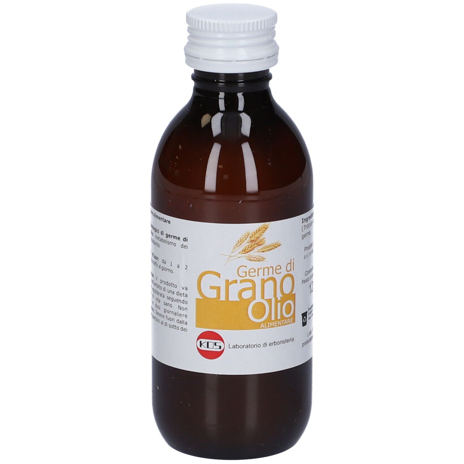 Bottiglia di vetro marrone con tappo bianco. Scritto: Germe di Grano Olio Alimentare. 125 ml. Logo KOS.