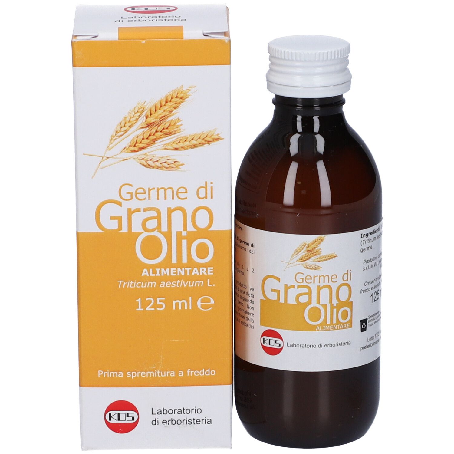 Bottiglia di vetro marrone e scatola. Scritto: Germe di Grano Olio Alimentare. 125 ml. Logo KOS.