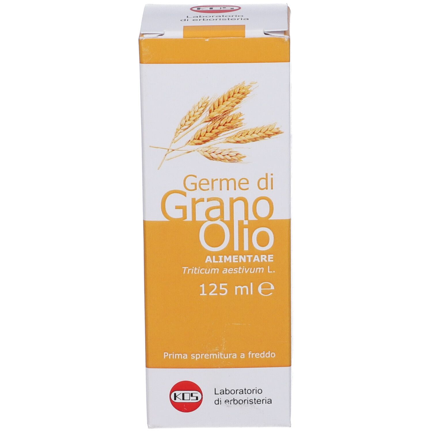 Scatola con stampa del prodotto. Scritto: Germe di Grano Olio Alimentare. 125 ml. Logo KOS.