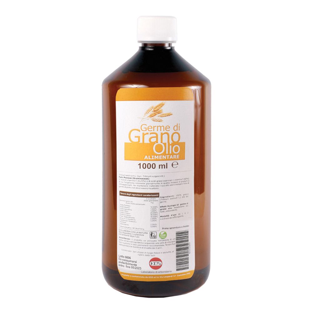 Bottiglia marrone con tappo bianco. Etichetta con nome del prodotto e informazioni nutrizionali. Scritta: Germe di Grano Olio Alimentare.