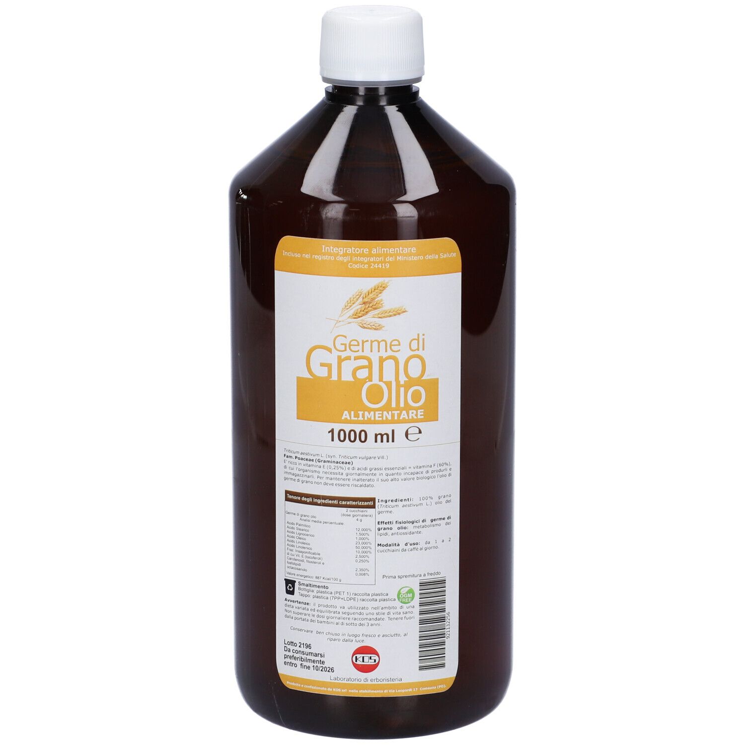 Bottiglia marrone con tappo bianco. Etichetta con nome del prodotto e informazioni nutrizionali. Scritta: Germe di Grano Olio Alimentare.