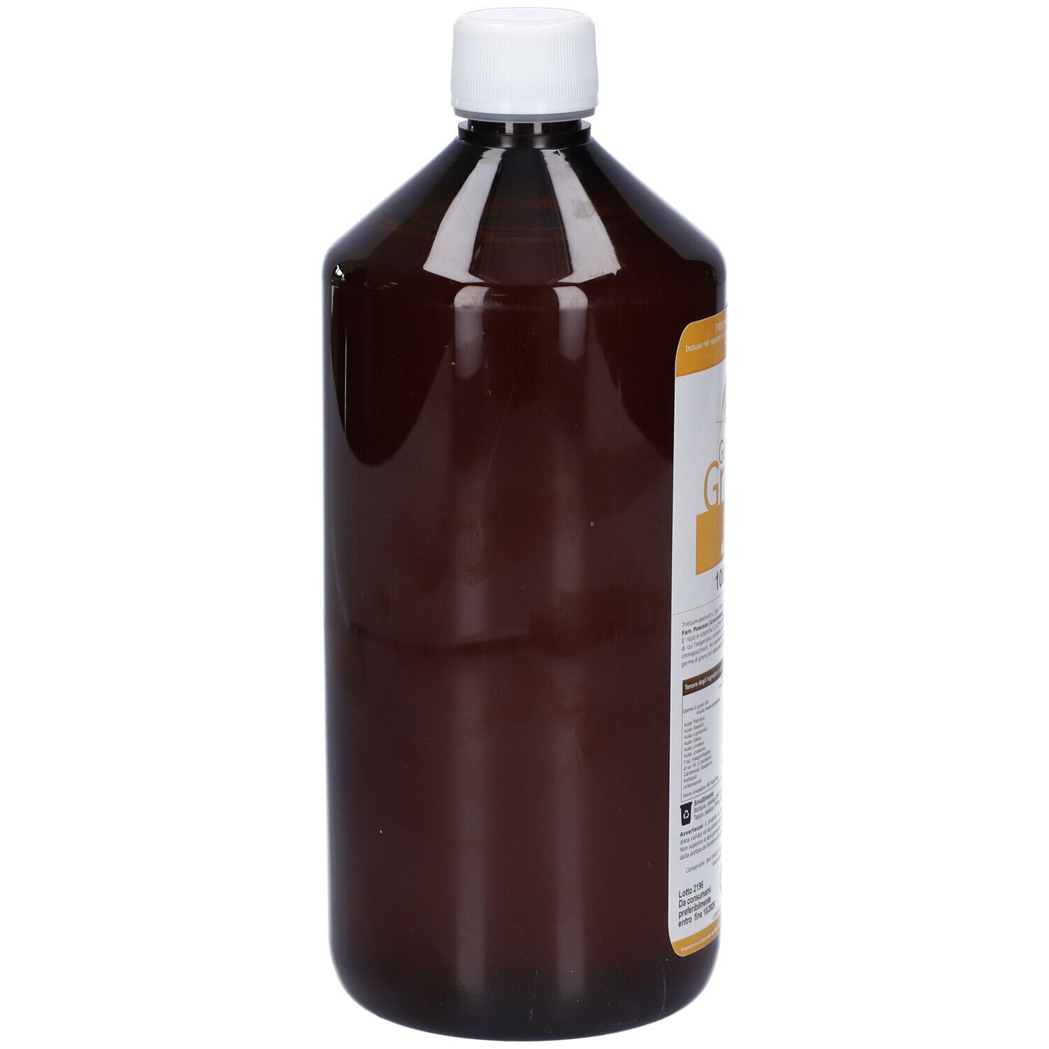 Bottiglia marrone con tappo bianco. Etichetta con nome del prodotto e informazioni nutrizionali. Scritta: Germe di Grano Olio Alimentare.