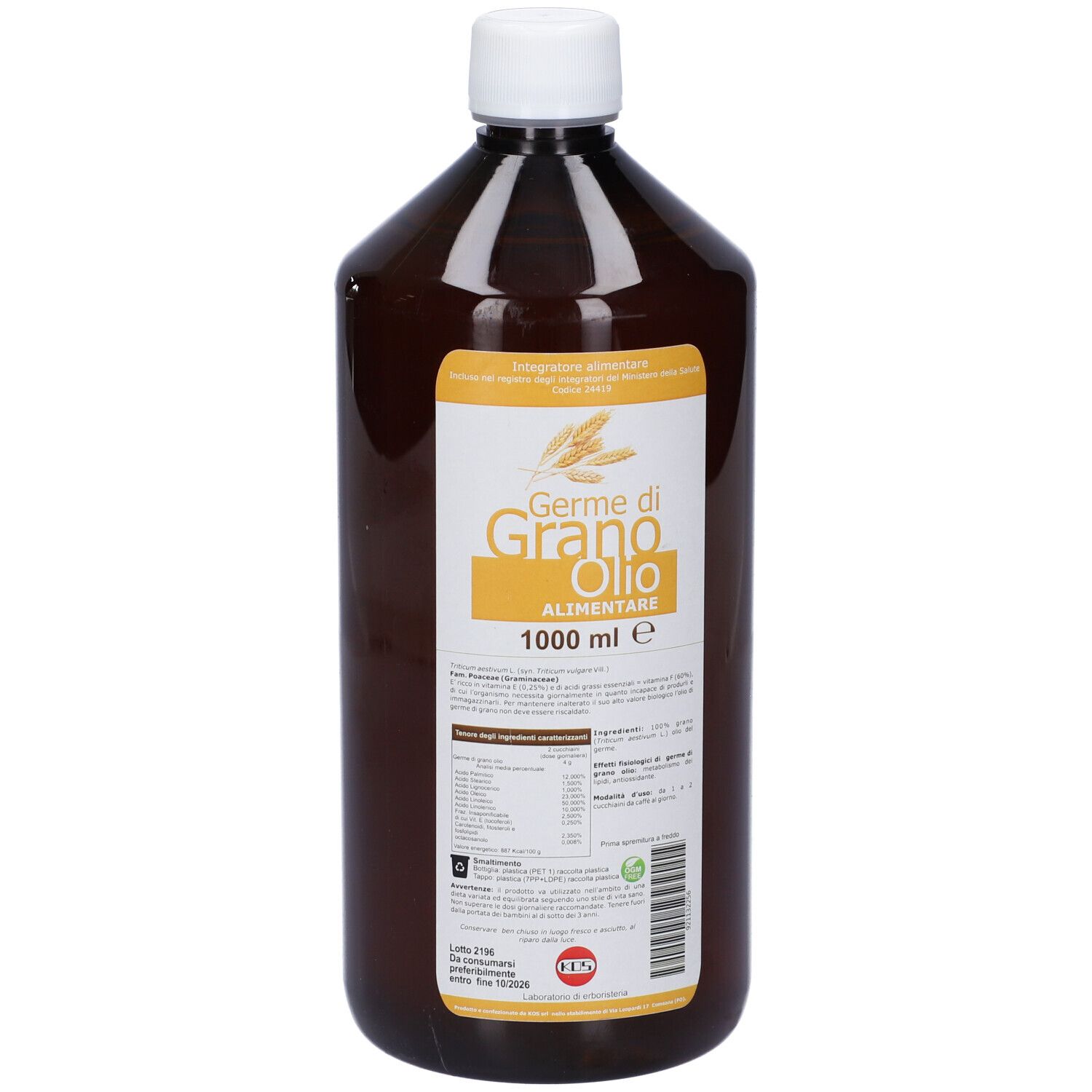 Bottiglia marrone con tappo bianco. Etichetta con nome del prodotto e informazioni nutrizionali. Scritta: Germe di Grano Olio Alimentare.