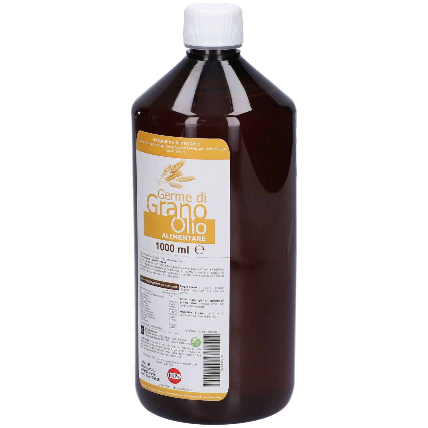 Bottiglia marrone con tappo bianco. Etichetta con nome del prodotto e informazioni nutrizionali. Scritta: Germe di Grano Olio Alimentare.