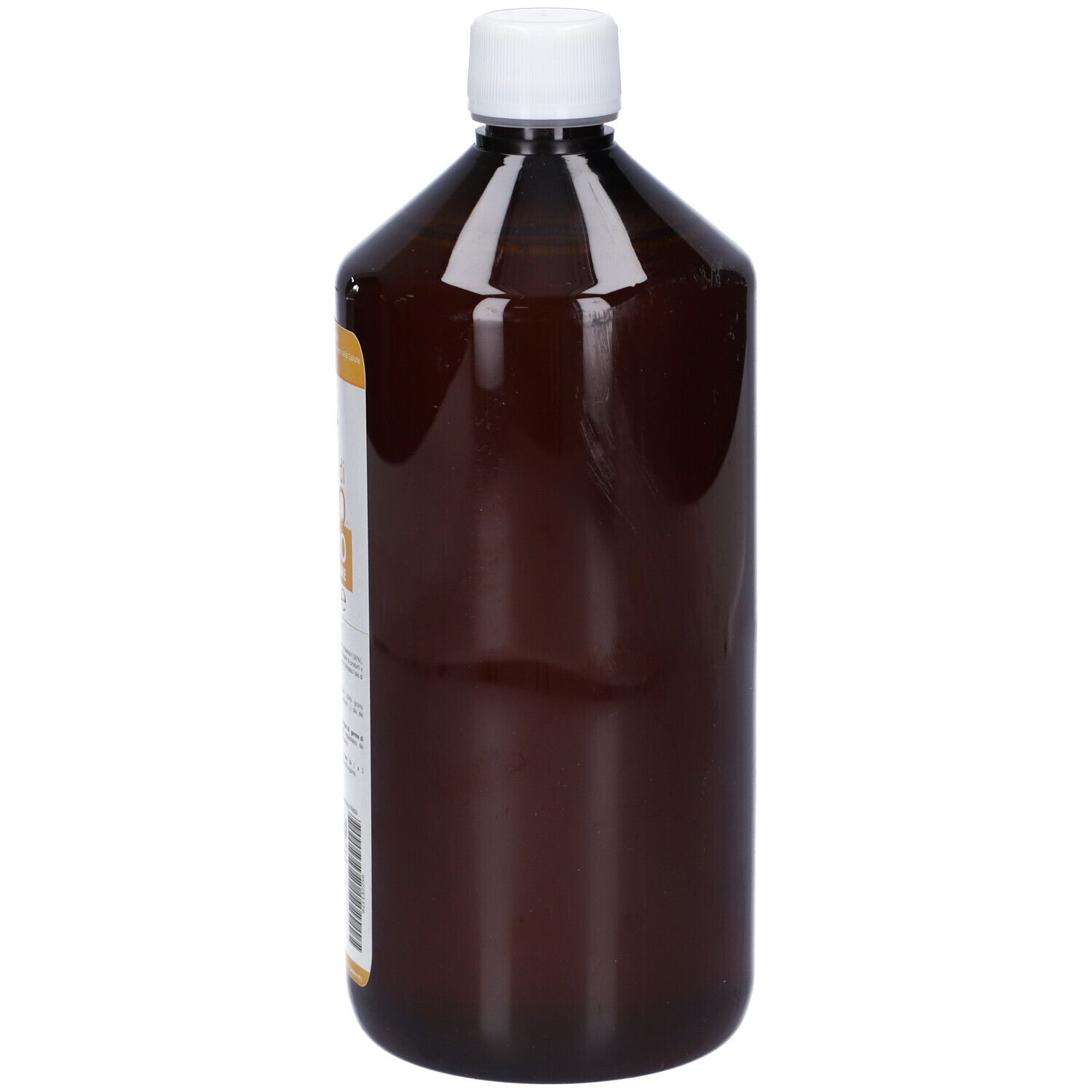Bottiglia marrone con tappo bianco. Etichetta con nome del prodotto e informazioni nutrizionali. Scritta: Germe di Grano Olio Alimentare.