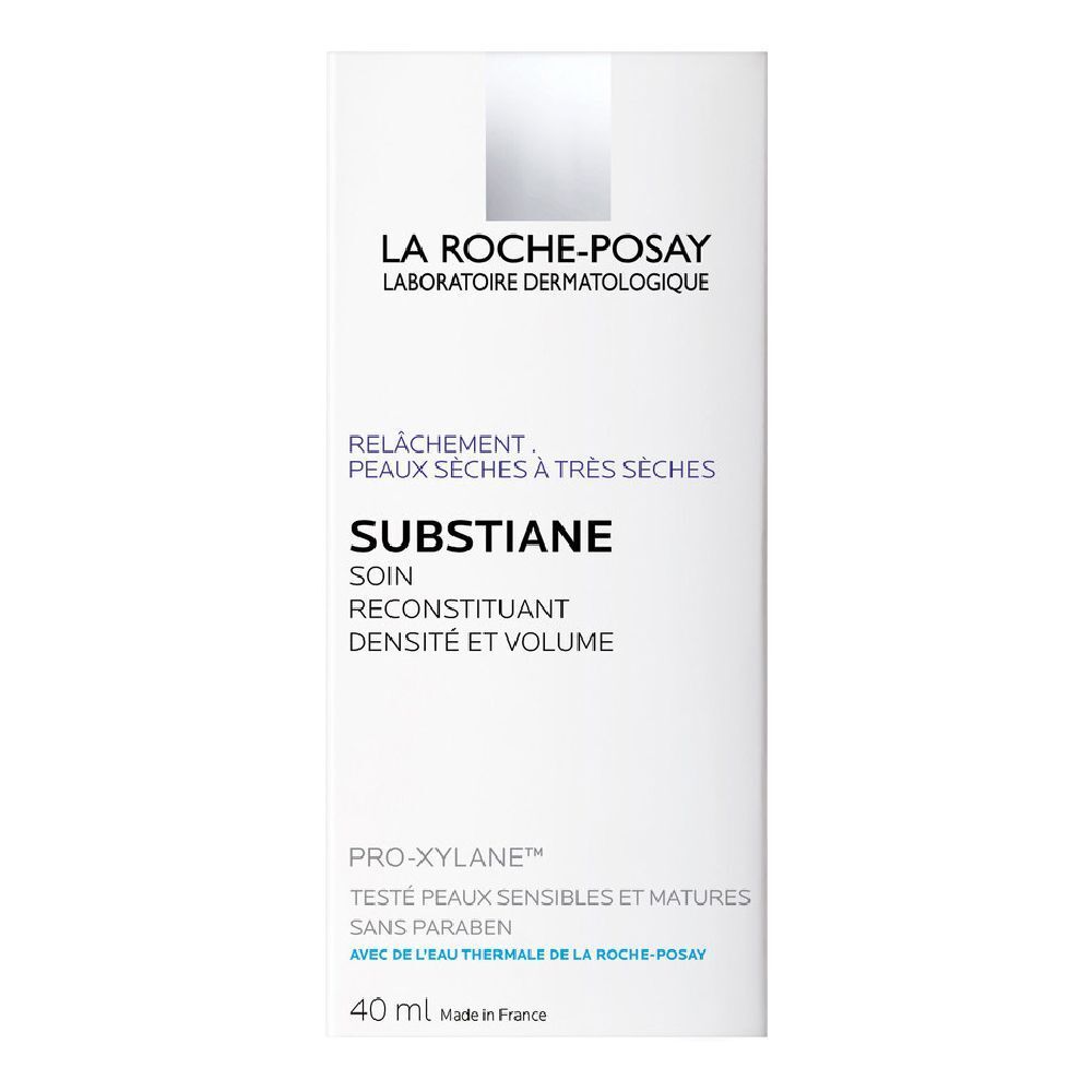 La Roche-Posay Substiane. Weiße Verpackung mit Produktinformationen. Text: RELÂCHEMENT, PEAUX SÈCHES À TRÈS SÈCHES. 40 ml.
