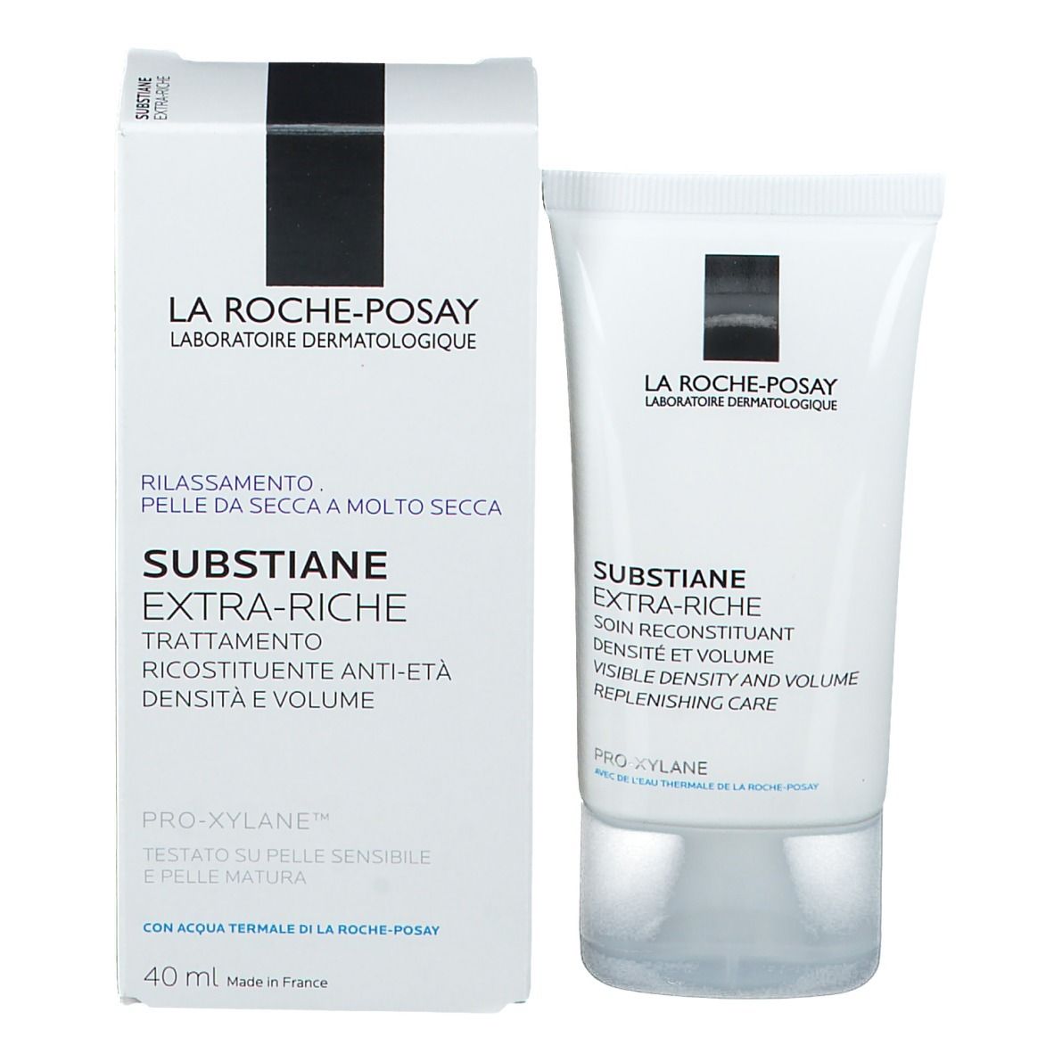 La Roche-Posay Substiane Extra-Rich. Weiße Schachtel. Produktname und Informationen. 40 ml.