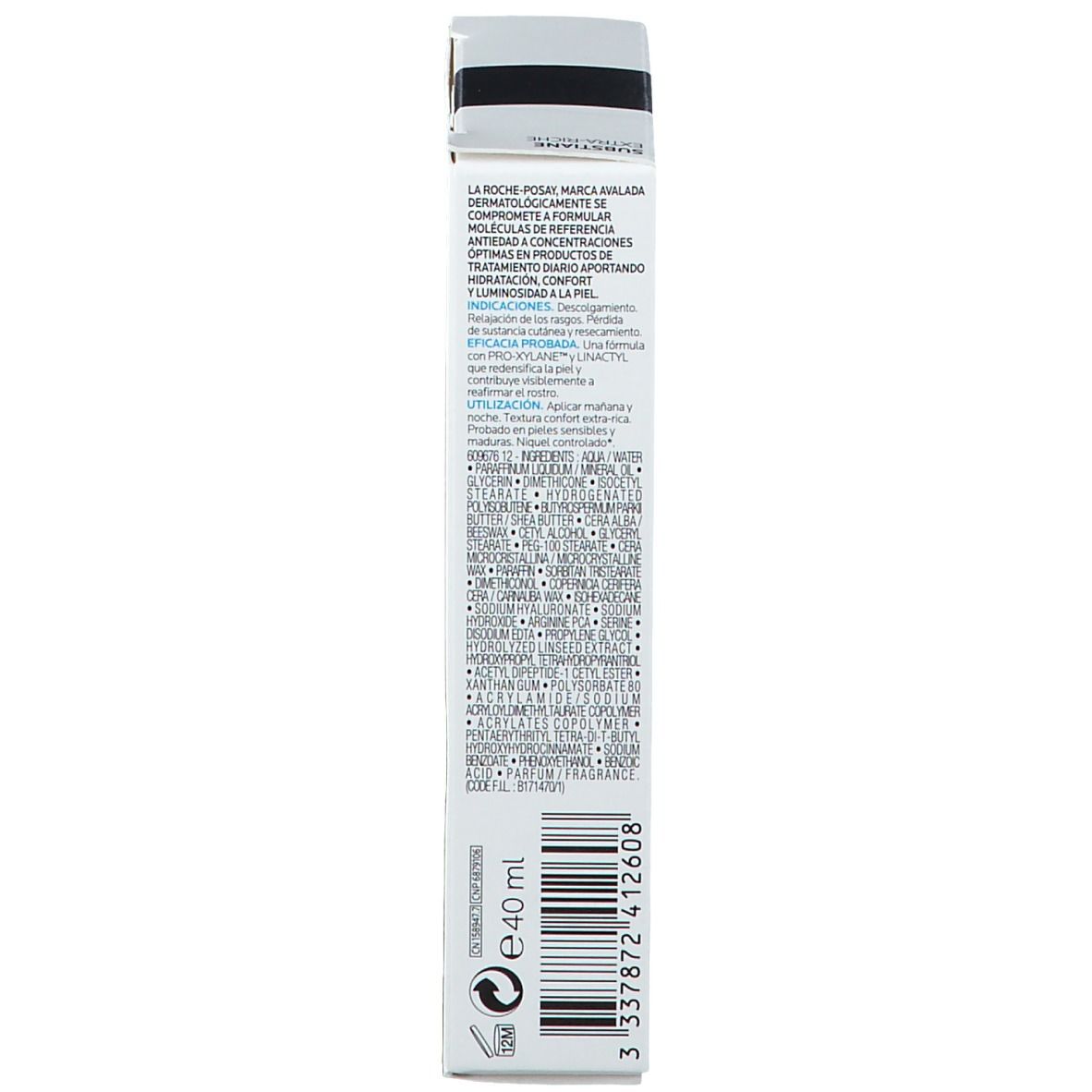 Rückseite der Schachtel. Text in mehreren Sprachen. Informationen zum Produkt. 40 ml.