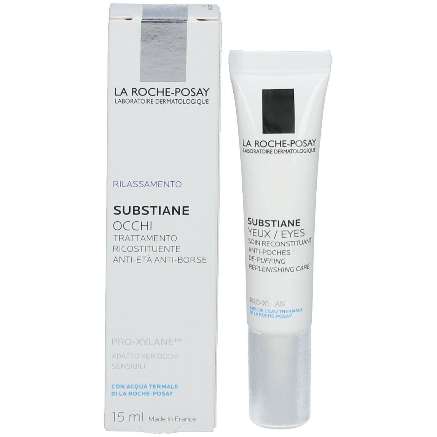 Prodotto e confezione affiancati. Tubo e scatola bianchi con logo La Roche-Posay e nome del prodotto.
