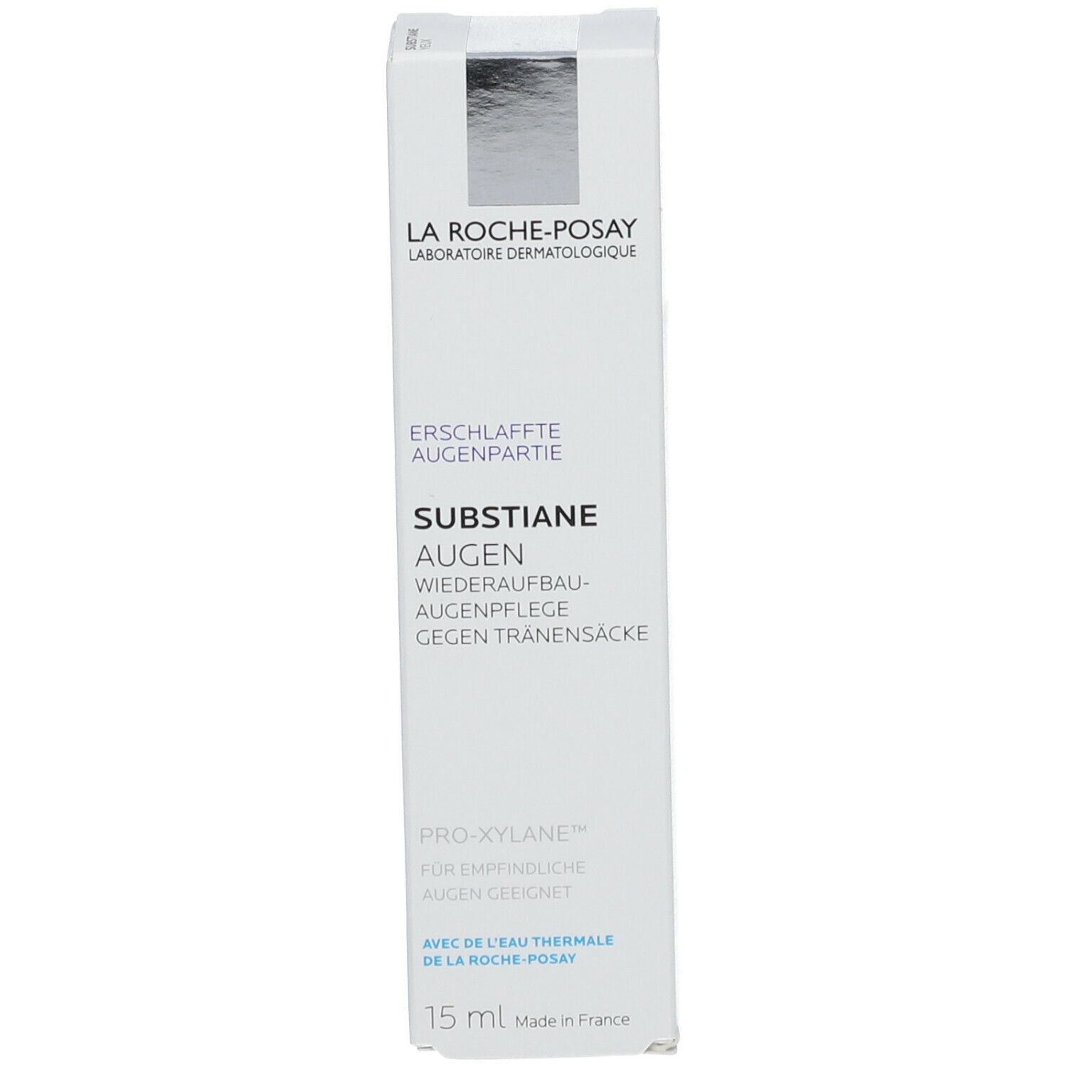 Confezione bianca con logo La Roche-Posay e nome del prodotto. Testo: Substiane Augen, 15 ml.