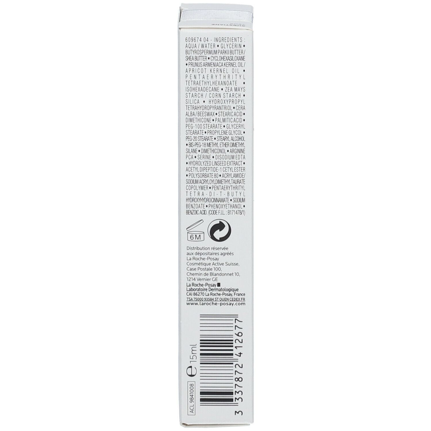 Retro della confezione con ingredienti e informazioni. Testo: Ingredienti, 15 ml, La Roche-Posay.