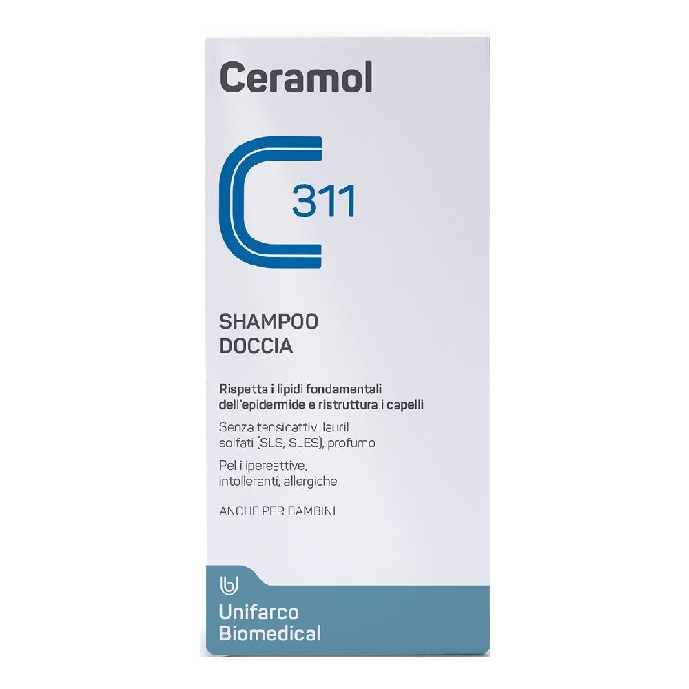 Ceramol 311 Shampoo-Verpackung. Weiß mit blauer Schrift. Enthält Informationen über die Inhaltsstoffe und die Marke.