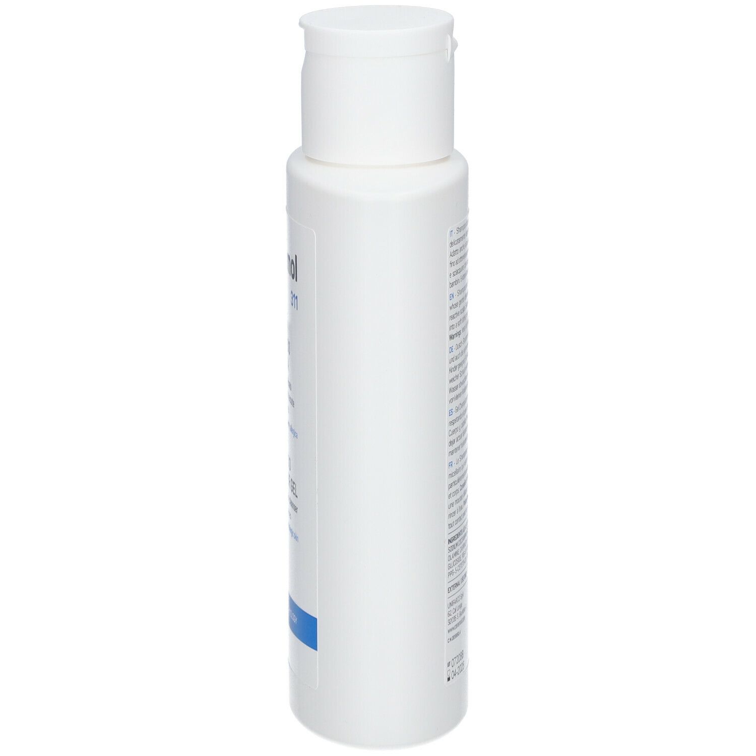 Weiße Flasche Ceramol 311 Shampoo. Seitenansicht mit Text. Enthält Informationen über das Produkt.