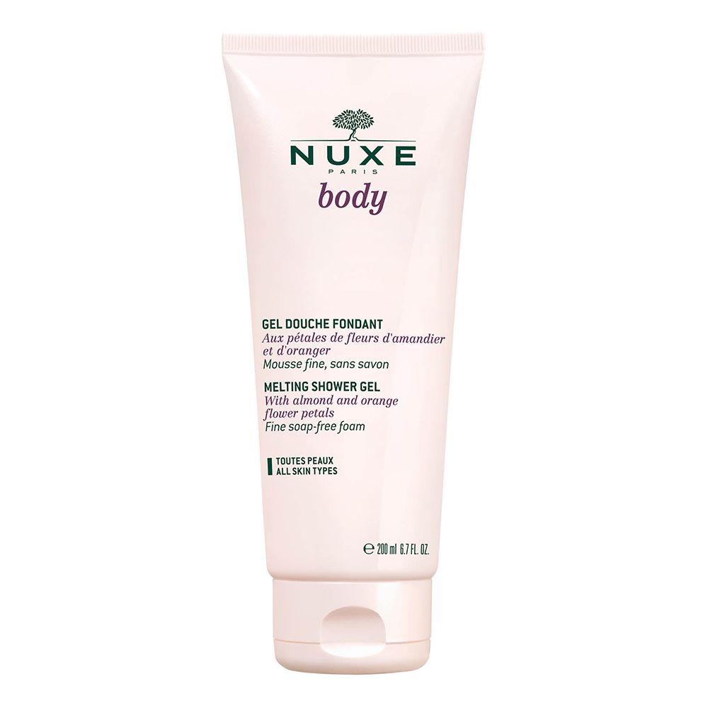 Rosa Tube mit Nuxe Body Melting Duschgel. Text: Gel Douche Fondant, Melting Shower Gel. Ohne Seife, für alle Hauttypen.