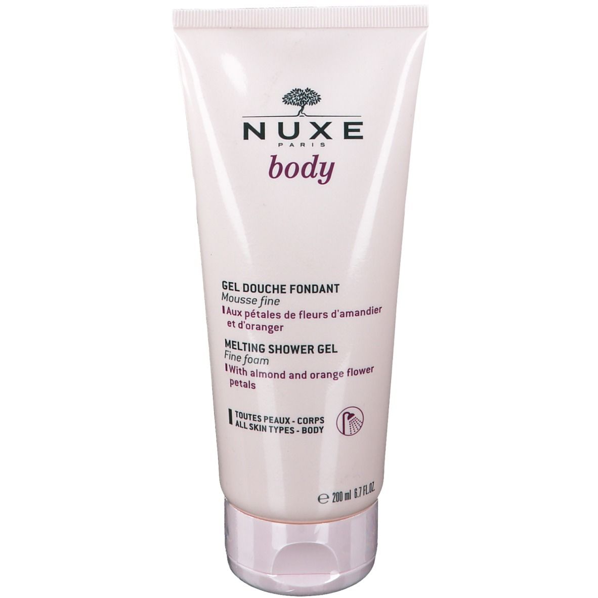 Rosa Tube Nuxe Body Melting Duschgel. Text: Gel Douche Fondant, Melting Shower Gel. Für alle Hauttypen. Mit Mandel- und Orangenblüten.