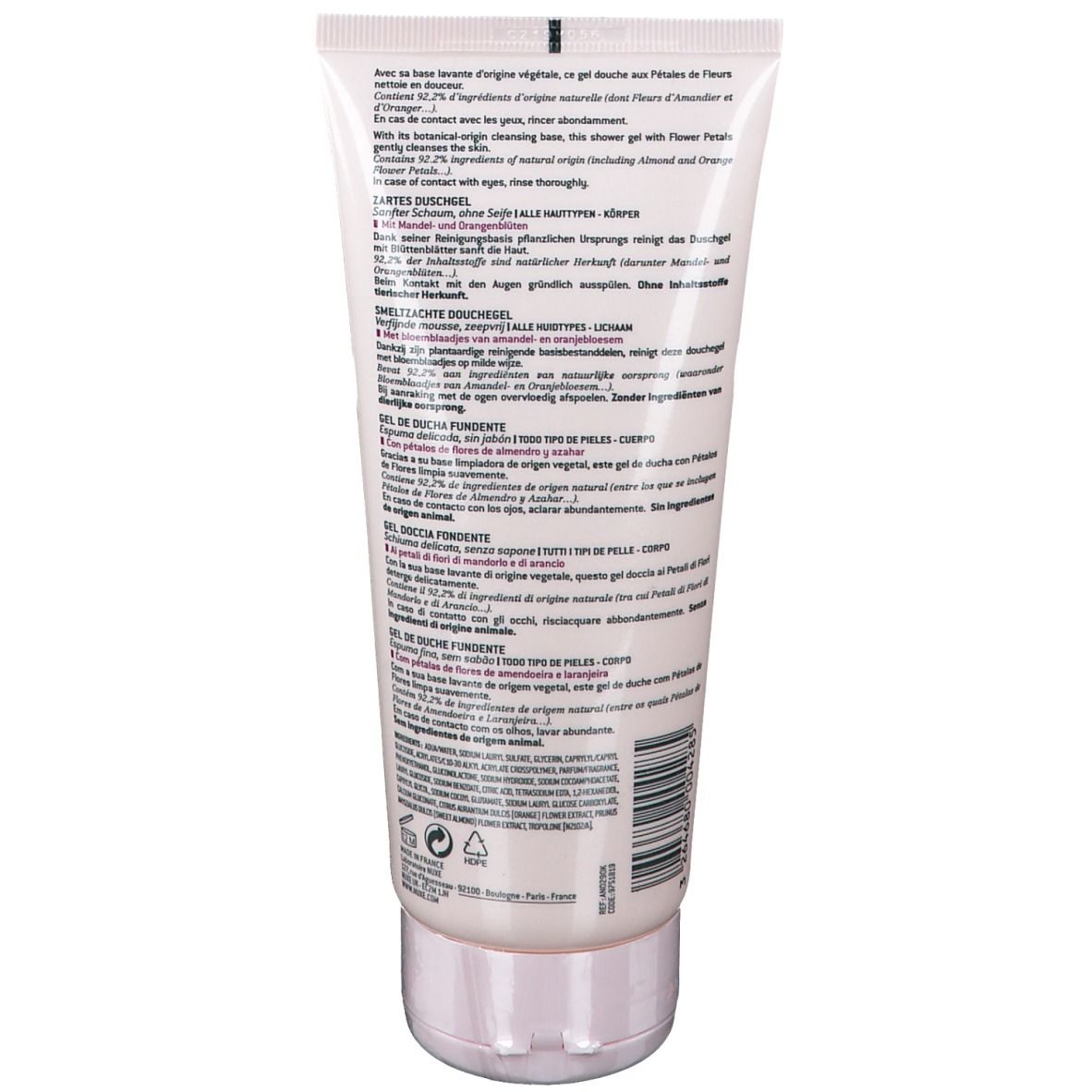 Rückseite der rosa Tube Nuxe Body Melting Duschgel. Mehrsprachiger Text mit Inhaltsstoffen und Anwendungshinweisen.