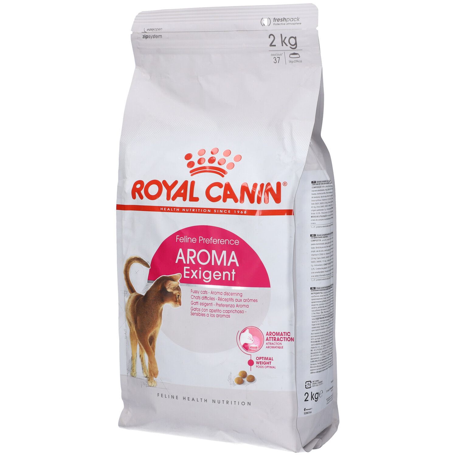 Weißer Beutel mit Katzenfutter. Aufdruck: ROYAL CANIN, Feline Preference Aroma Exigent. 2 kg. Abbildung einer Katze.