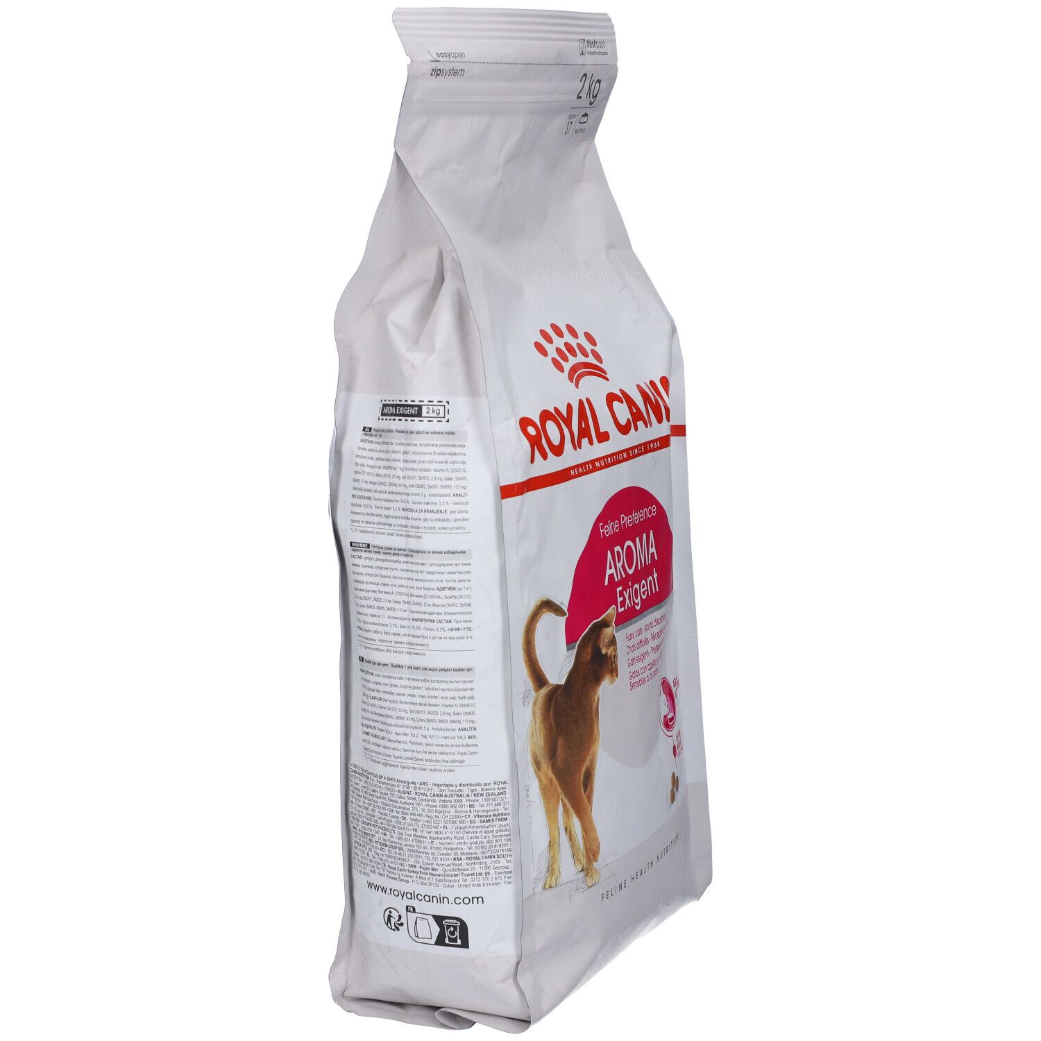 Weißer Beutel, ROYAL CANIN Katzenfutter. Feline Preference Aroma Exigent. 2 kg. Seitenansicht mit Text und Logo.