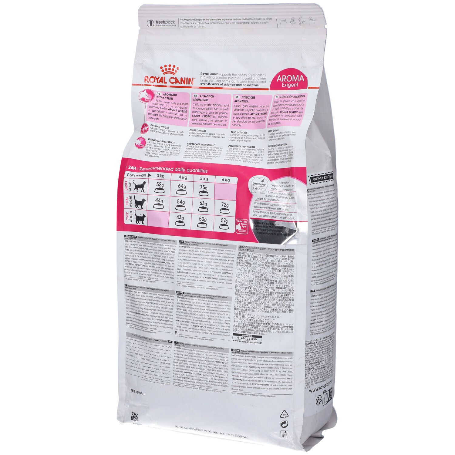 Rückseite des Katzenfutterbeutels. ROYAL CANIN, Feline Preference Aroma Exigent. Informationen und Fütterungsempfehlungen.