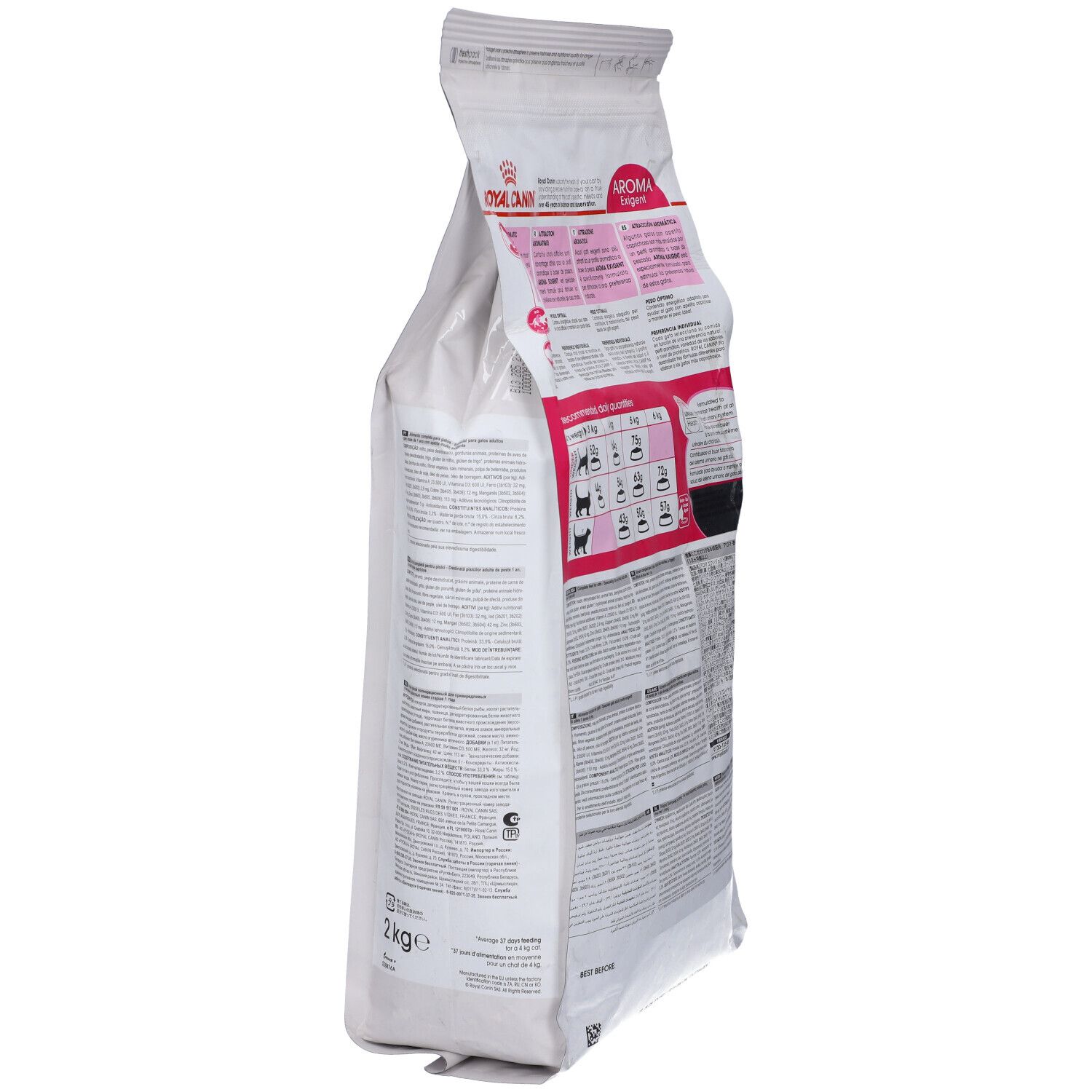 Rückseite des Katzenfutterbeutels. ROYAL CANIN, Feline Preference Aroma Exigent. Informationen und Fütterungsempfehlungen.