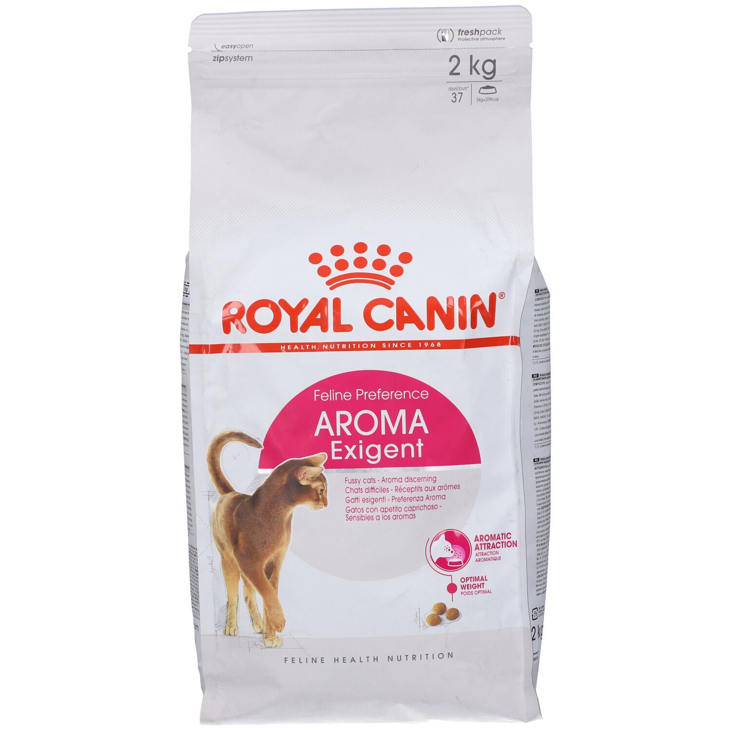 Weißer Beutel mit Katzenfutter. Aufdruck: ROYAL CANIN, Feline Preference Aroma Exigent. 2 kg. Abbildung einer Katze.