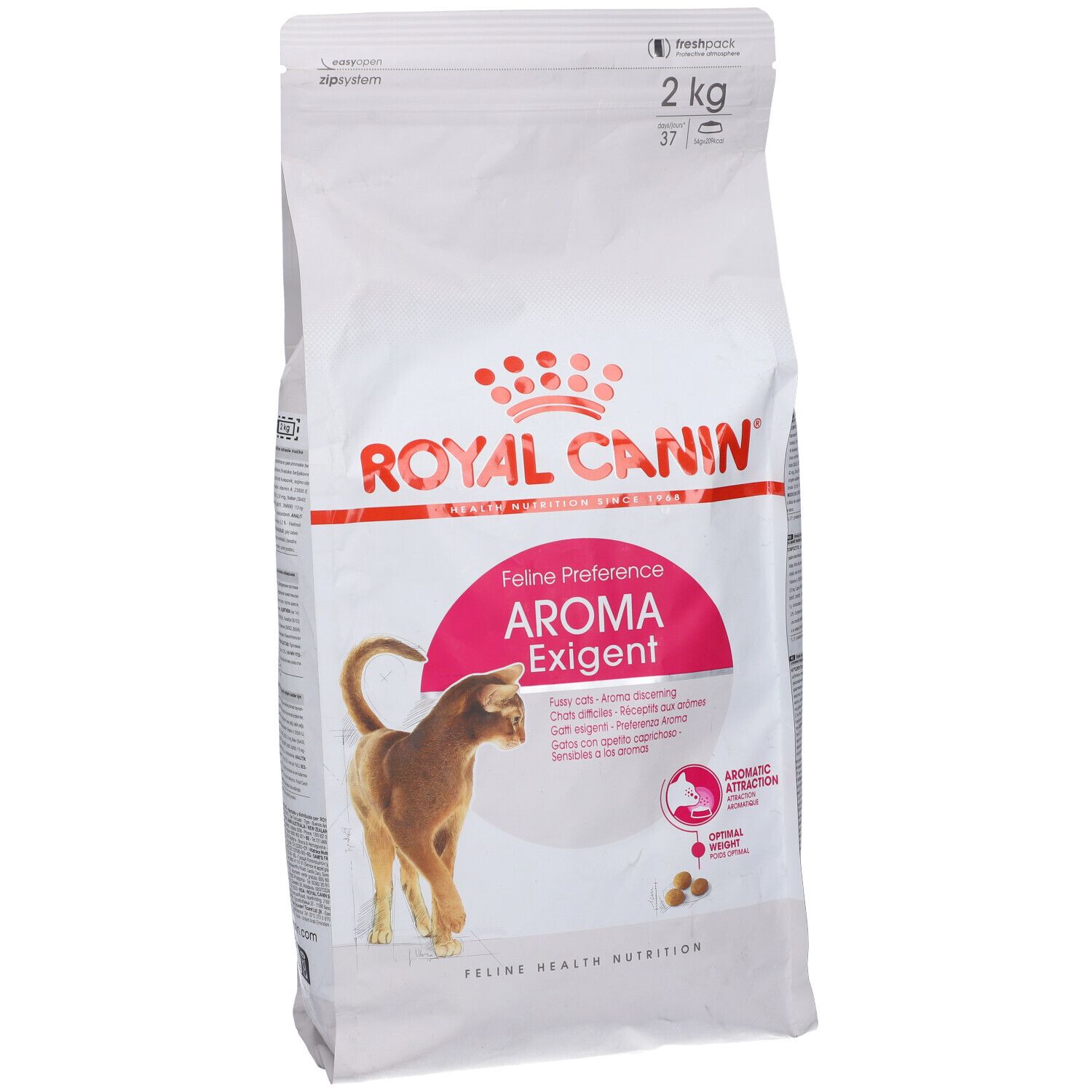 Weißer Beutel mit Katzenfutter. Aufdruck: ROYAL CANIN, Feline Preference Aroma Exigent. 2 kg. Abbildung einer Katze.