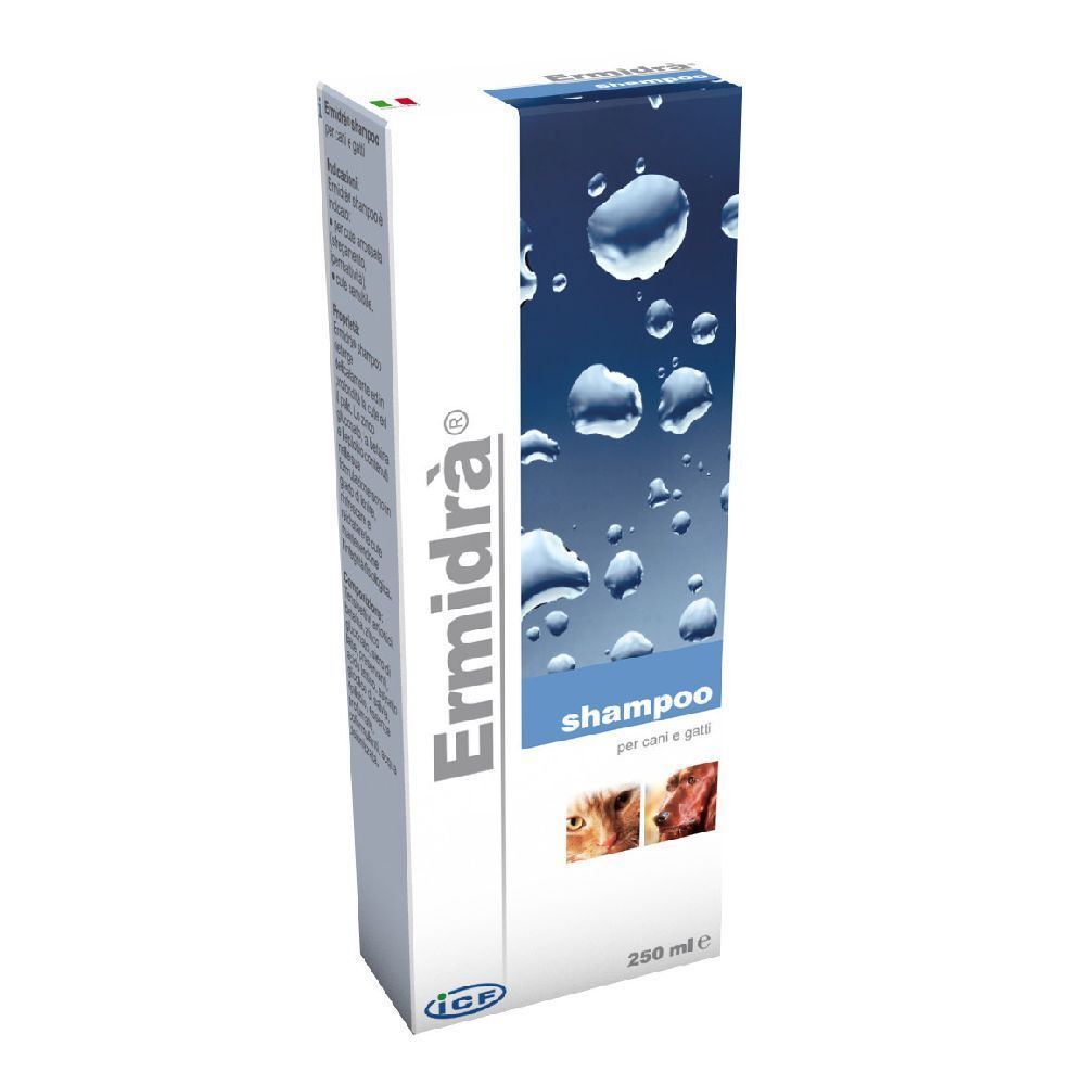 Confezione shampoo Ermidrà. Scatola bianca e blu con immagini e testo. Contenuto 250 ml.